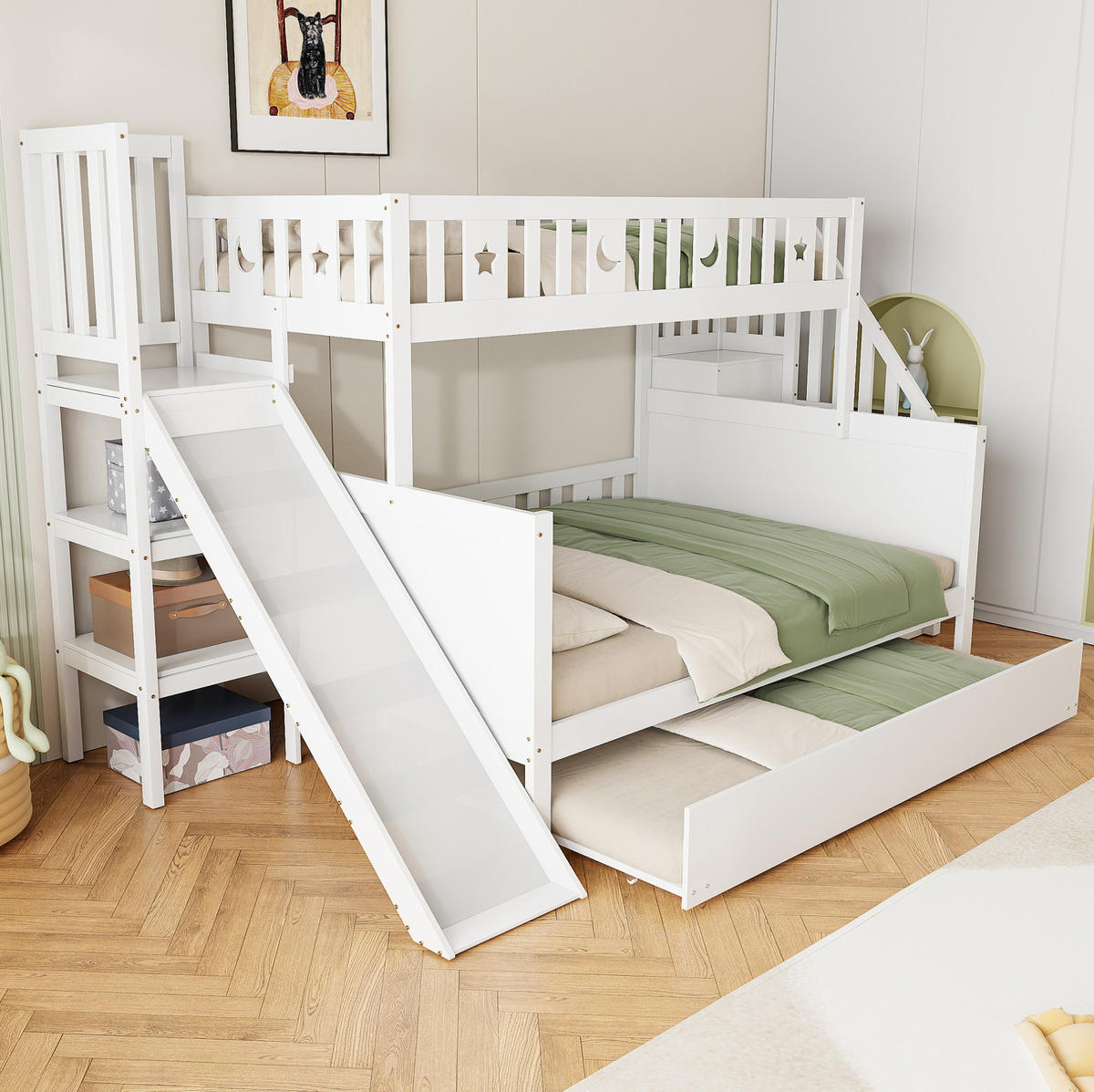 ETAGENBETT 90/200 & 140/200 cm aus Massivholz mit Rutsche und Ausziehbett - Weiß, Holz (90/200cm) - BEAOK