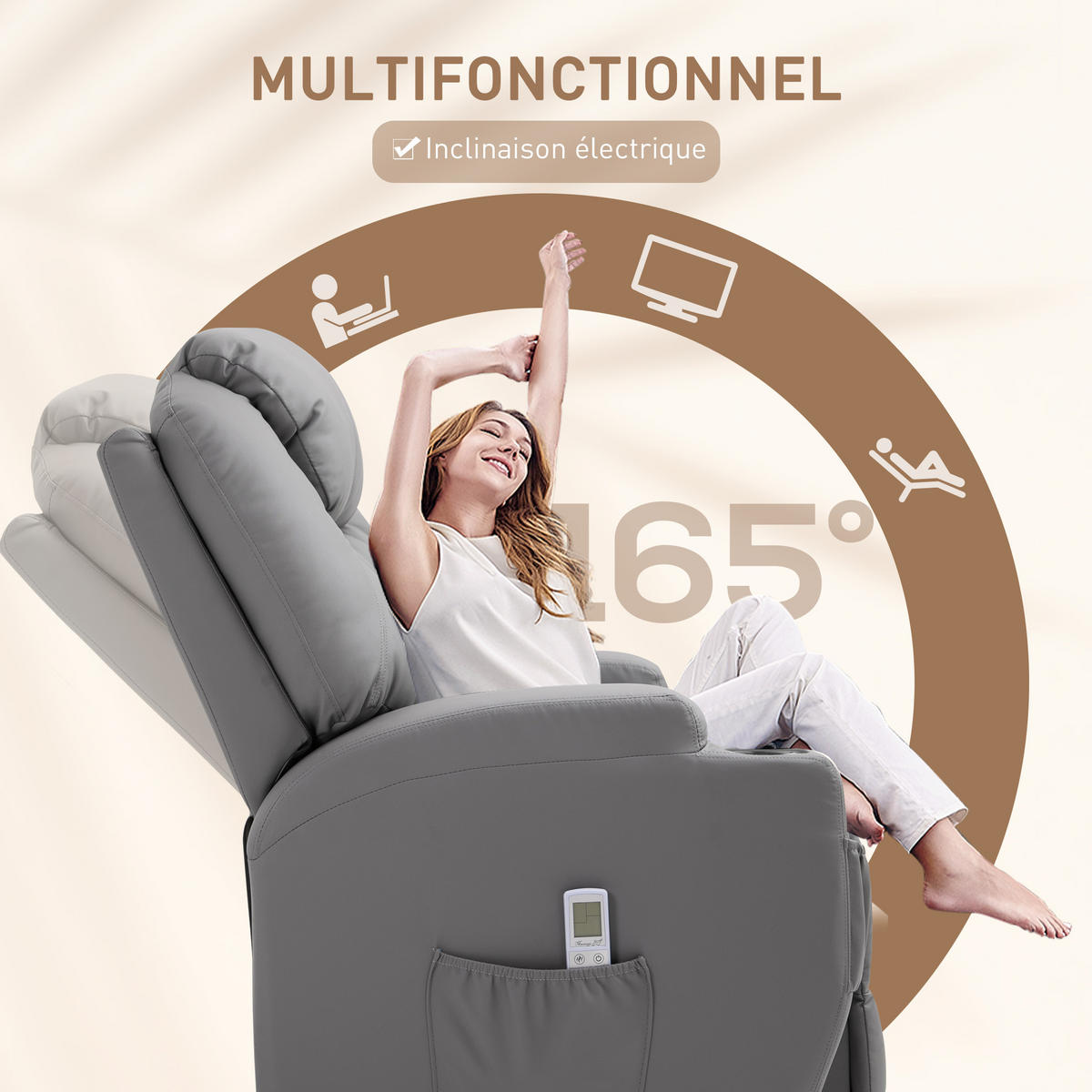 MASSAGESESSEL DE-15343 elektrisch verstellbar mit 8 Vibrationspunkten Grau - Hellgrau, Leder (97/110/82cm) - ComfortXL