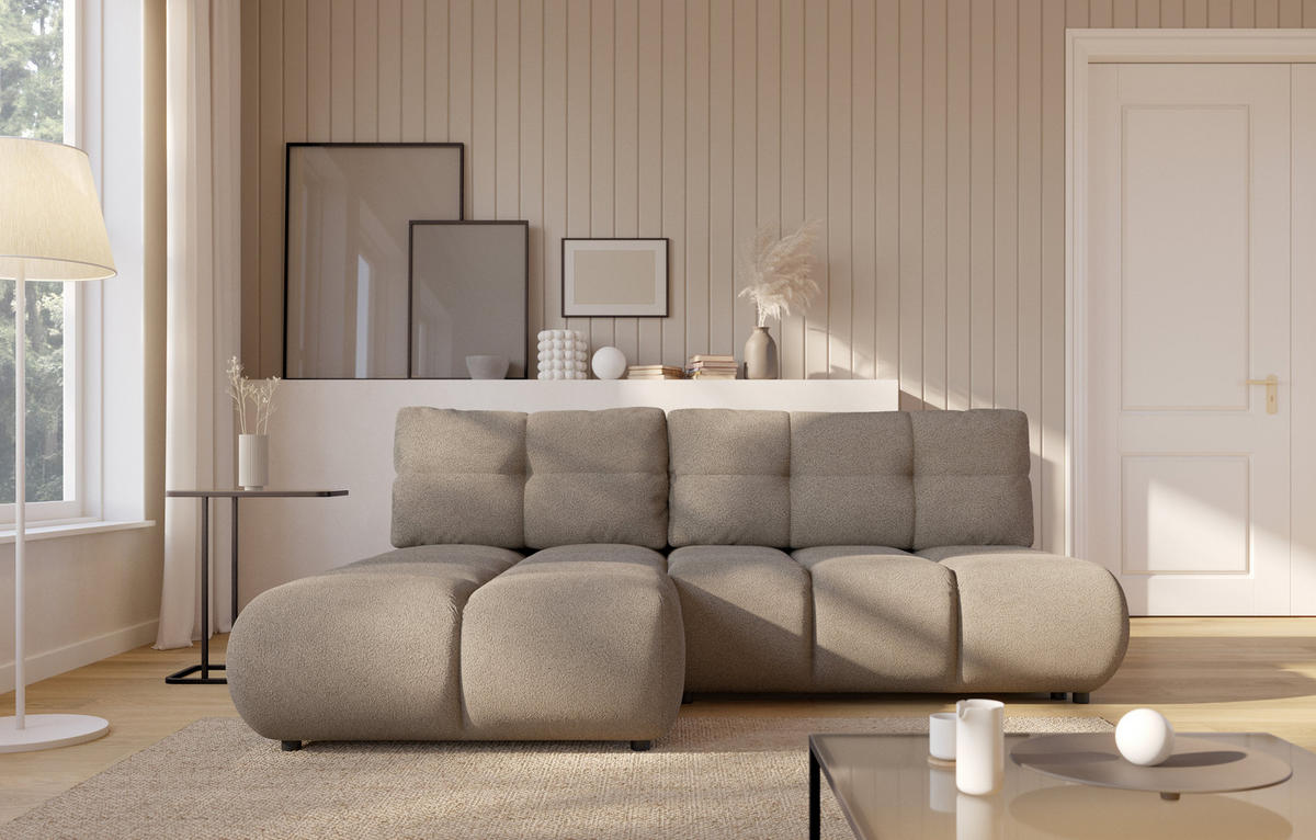 ECKSOFA CORSO L-S Grau Boucle-Stoff mit Schlaffunktion - Grau, Holz (230/177cm) - MASSENO