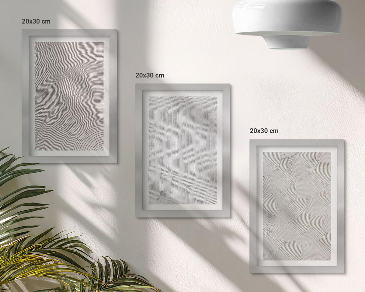 WANDBILDER 3er Set - 20x30 cm Silberner Rahmen - Sandmuster geometrische Strukturen - Silberfarben, Kunststoff (20/30cm) - ArtPrintCave