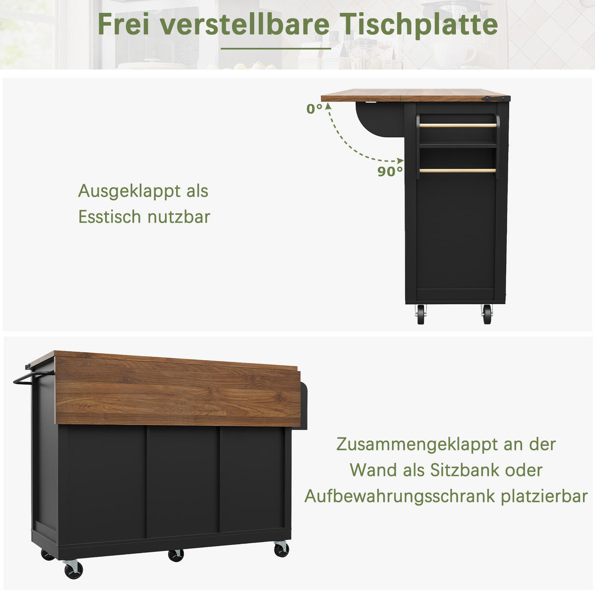 KÜCHENINSEL 140x73x94cm Schwarz mit 3 Schubladen & 5 Rollen - Schwarz, Holzwerkstoff (140/94/73cm) - Modfu