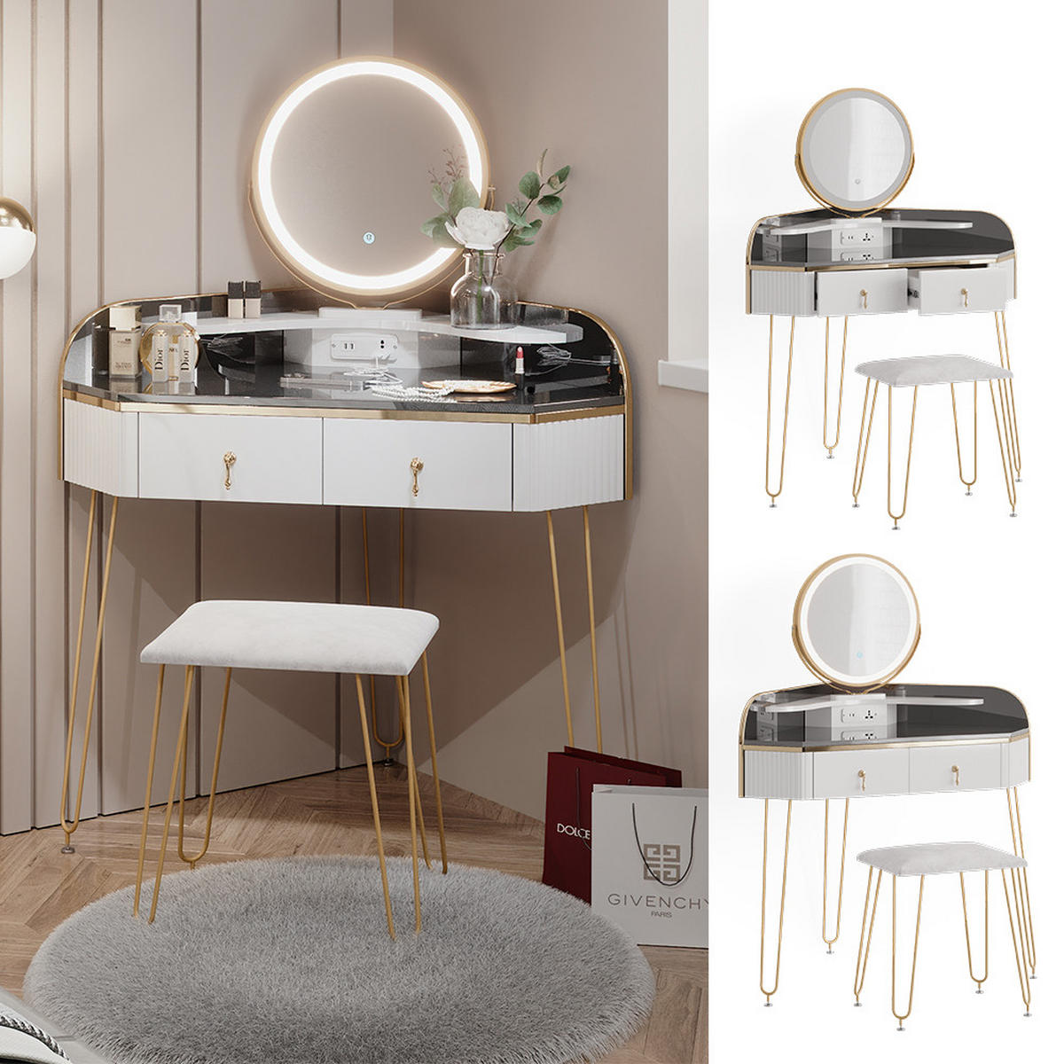 ECKSCHMINKTISCH Amira Weiß Hochglanz 99 cm mit LED Spiegel Hocker und USB - Weiß Hochglanz/Grau, Holzwerkstoff (99/134/70cm) - Vicco