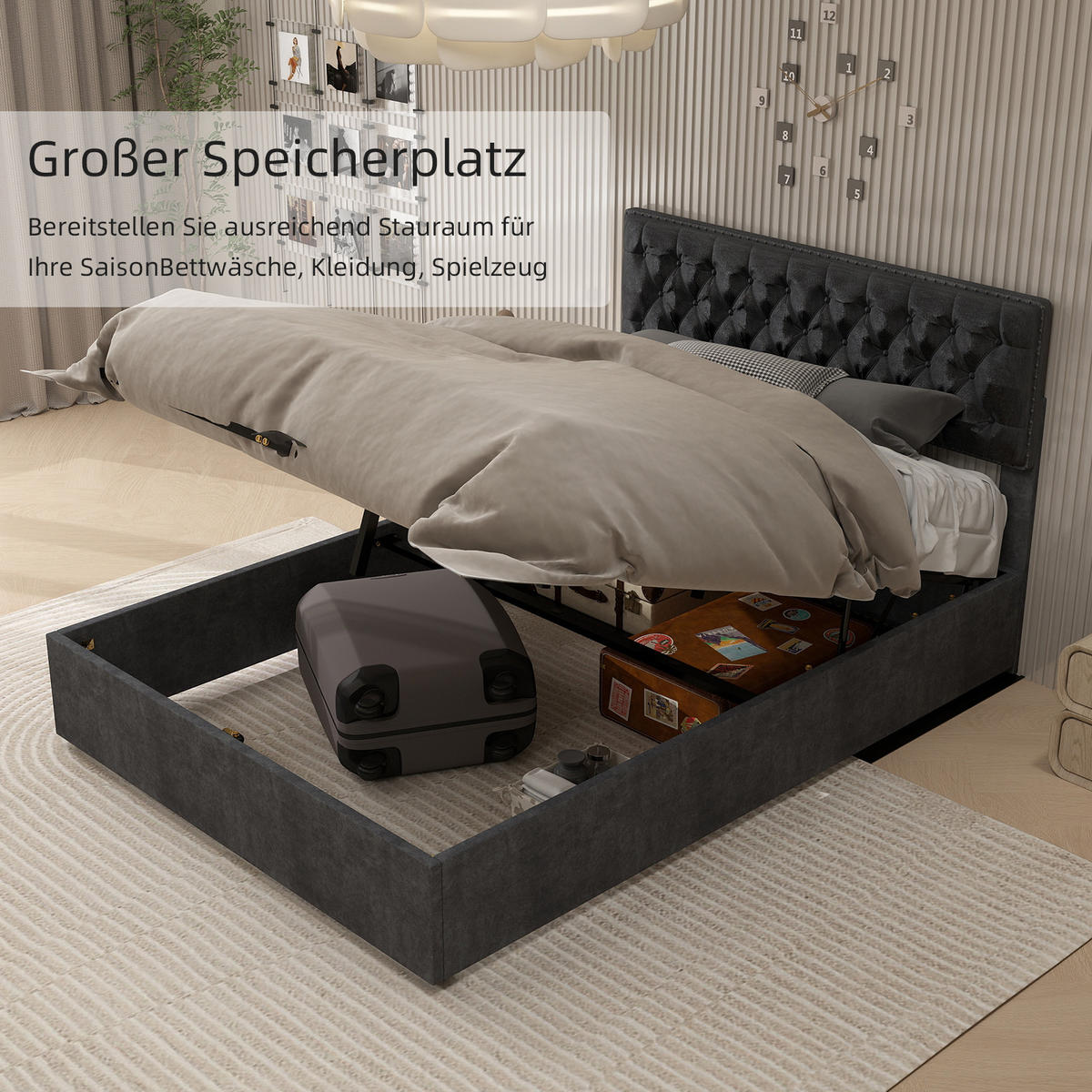 POLSTERBETT 160/200 cm in Grau Samt mit Stauraum - Grau, Holzwerkstoff/Textil (160/200cm) - WISHDOR