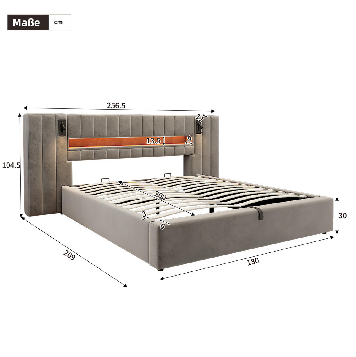 POLSTERBETT aus Samt 180x200 cm Grau mit Stauraum, LED-Beleuchtung und USB-Anschlüssen - Grau, Textil (180/200cm) - IVMEU