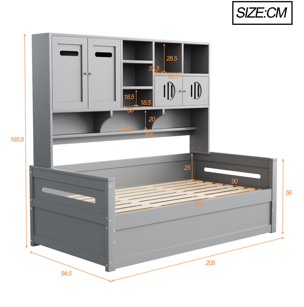 DJEČJI krevet od borovine 90x200 cm sivi s hidrauličkim spremištem, policama i uzglavljem za odlaganje - siva, drvni materijal (90/190cm) - Modfu