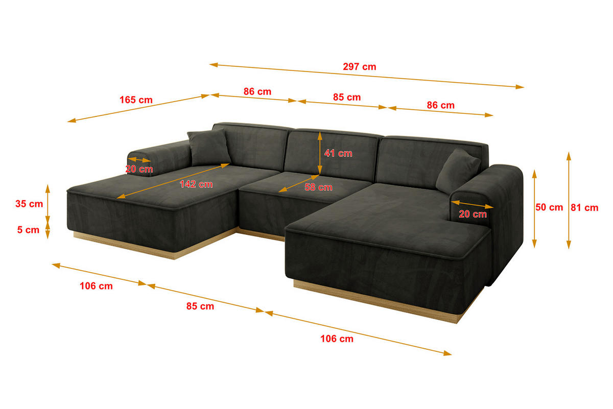 WOHNLANDSCHAFT IREA-U1-v2 - 297x165x81 cm Schwarz - Schwarz, Holzwerkstoff/Textil (297/81/165cm) - ALTDECOR