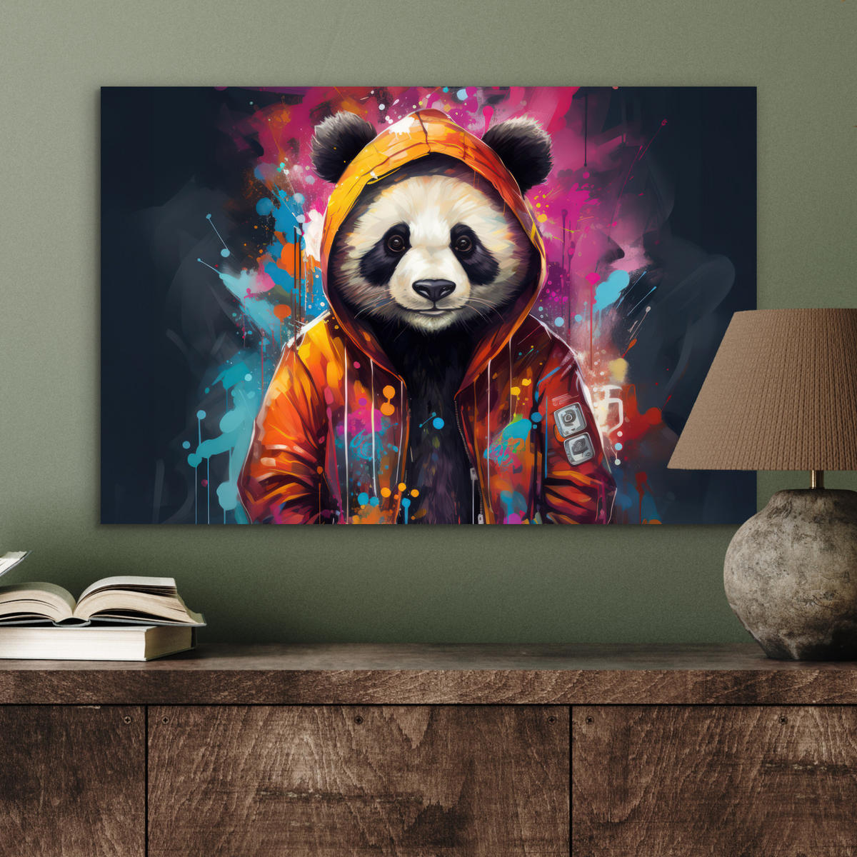METALLBILD Panda - Jacke - Graffiti - Orange 60x40 cm - Orange, Metall (60/40cm) - MuchoWow