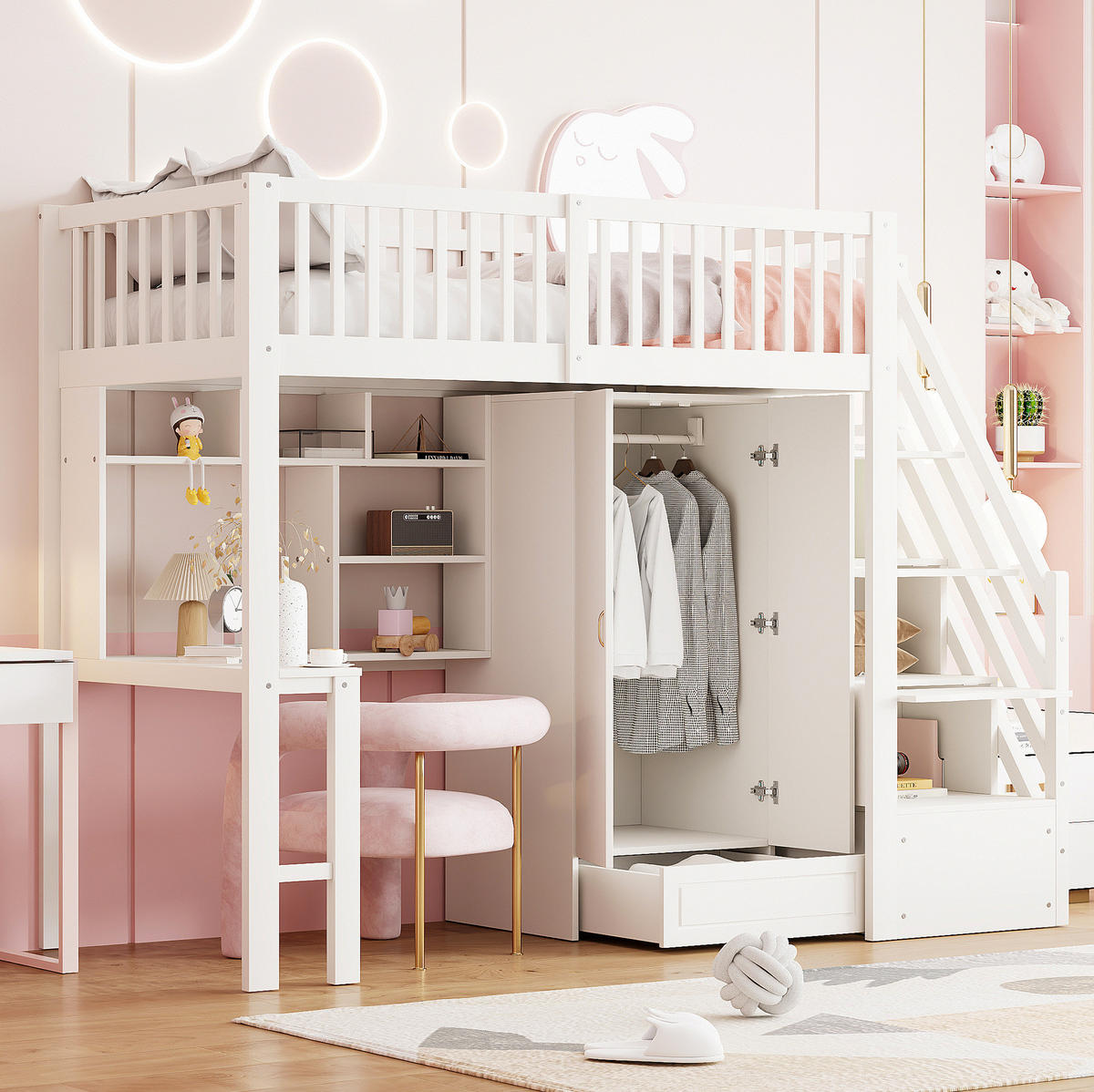 HOCHBETT 90/200 cm mit Kleiderschrank, Tisch, Regal und Treppe mit Schubladen aus Holzwerkstoff, Weiß - Weiß, Holzwerkstoff (90/200cm) - Redom