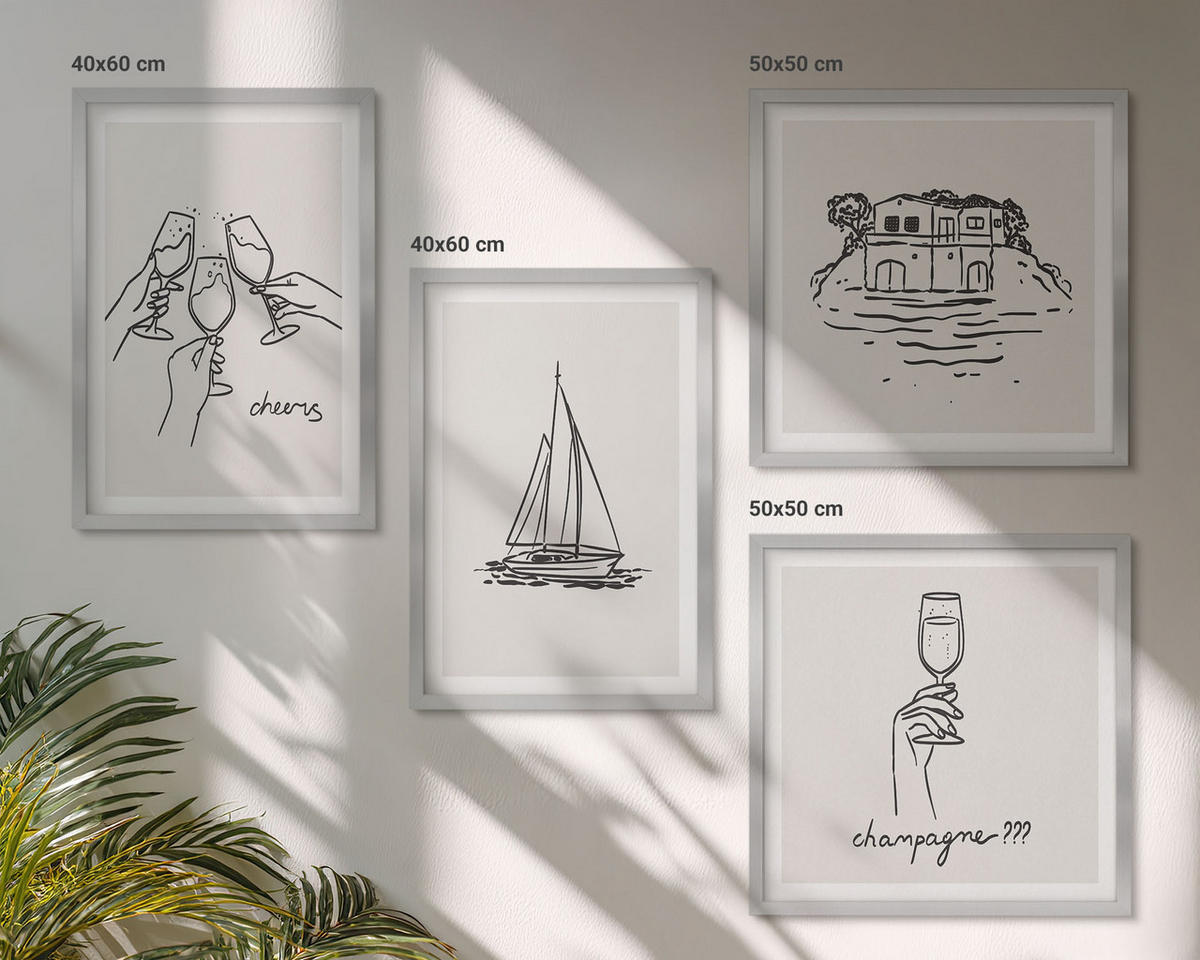 BILDER SET 4er Set - 50x50 cm & 40x60 cm Silberner Rahmen - Haus am Wasser, Toastsegelboot - Silberfarben, Kunststoff (50/50cm) - TULUP