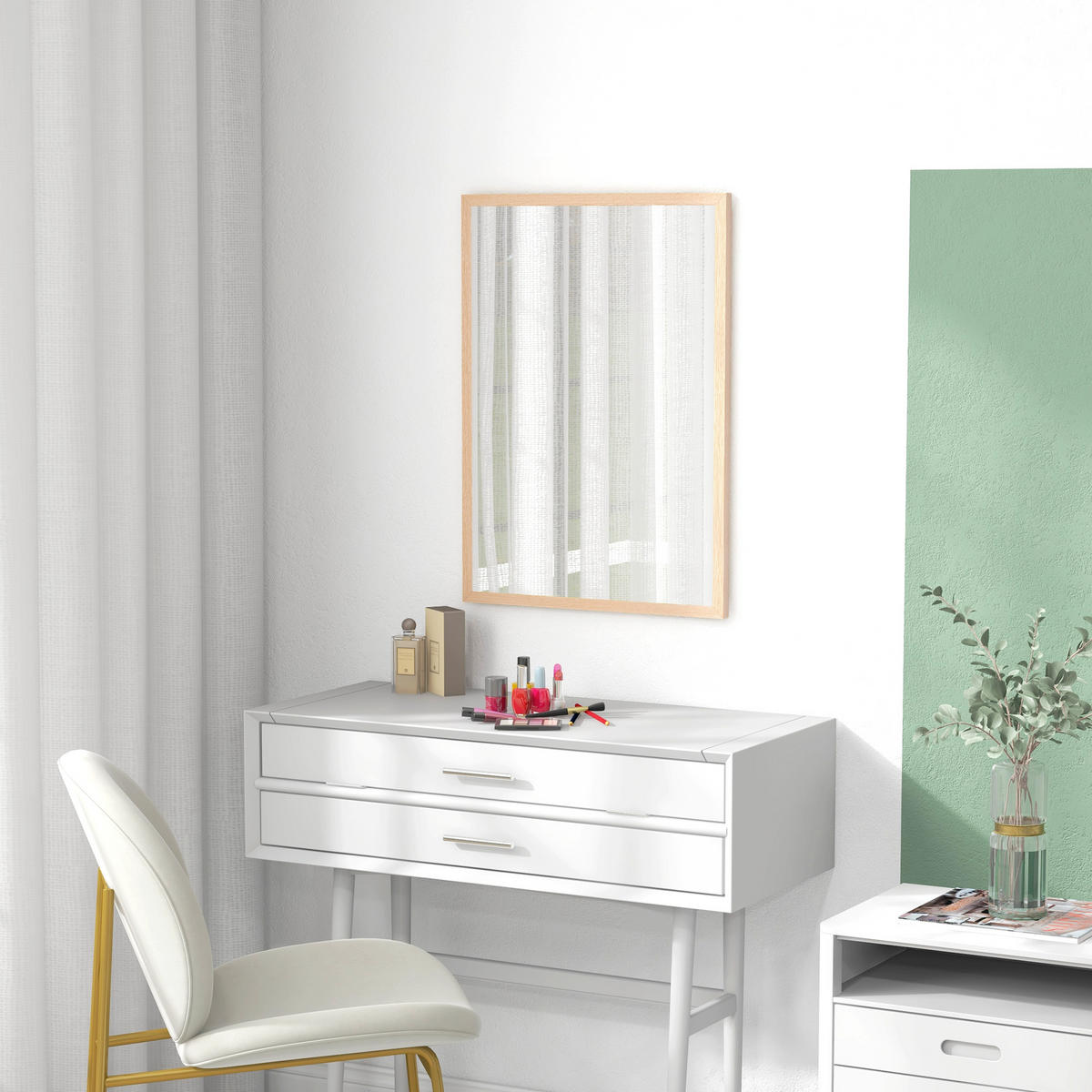 WANDSPIEGEL 50 x 70 cm, mit 4 Haken, Badezimmer - Naturfarben, Holzwerkstoff (50/70/2cm) - HOMCOM