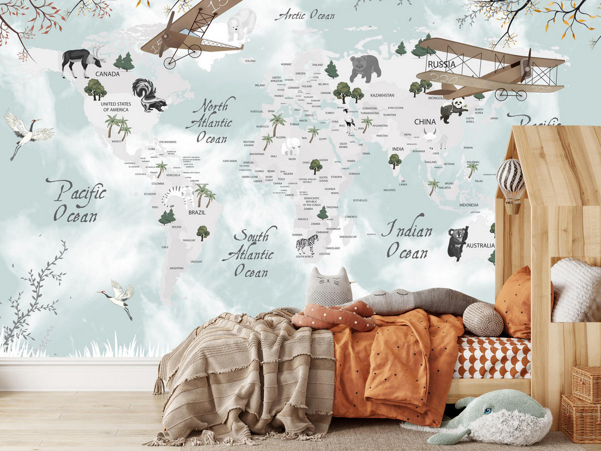 FOTOTAPETE für Kinderzimmer Weltkarte Tiere Flugzeuge Pflanzen 400x280 - Blau/Beige, Papier (400/280cm) - Muralo