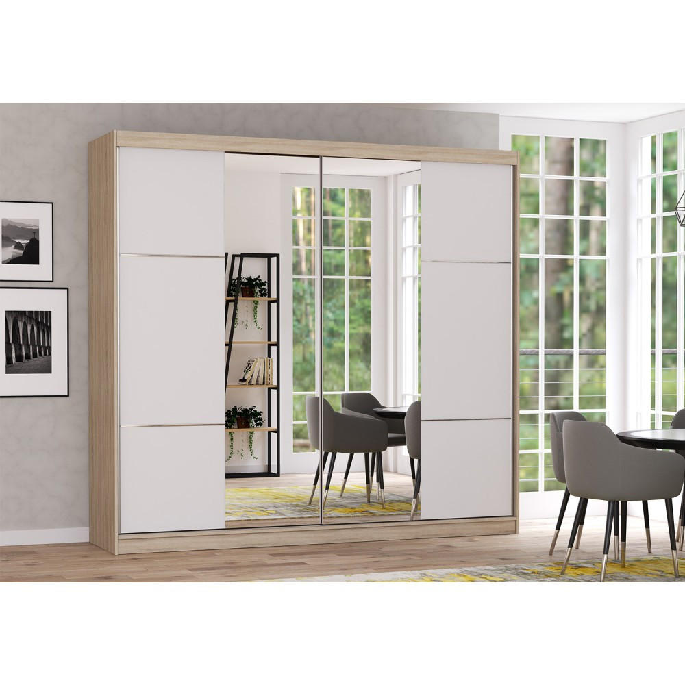 SCHWEBETÜRENSCHRANK MULTI 38 Sonoma Eiche/Weiß mit Spiegel 233 cm - Alufarben/Weiß, Glas/Holzwerkstoff (233/218/61cm) - imoebel24