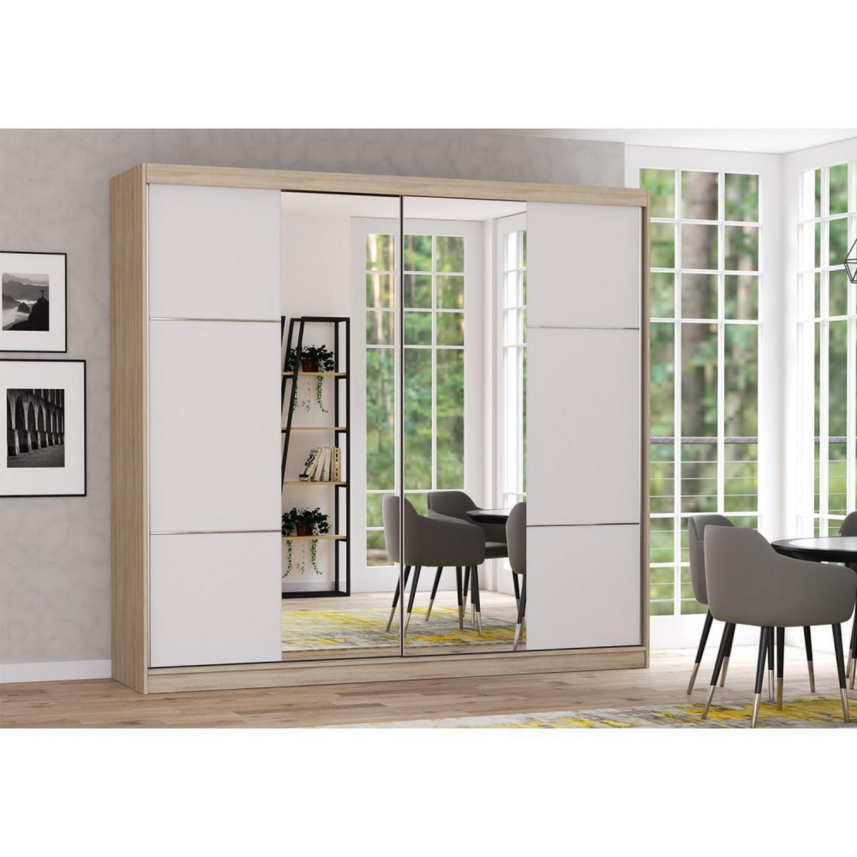 SCHWEBETÜRENSCHRANK MULTI 38 Sonoma Eiche/Weiß mit Spiegel 233 cm - Alufarben/Weiß, Glas/Holzwerkstoff (233/218/61cm) - imoebel24