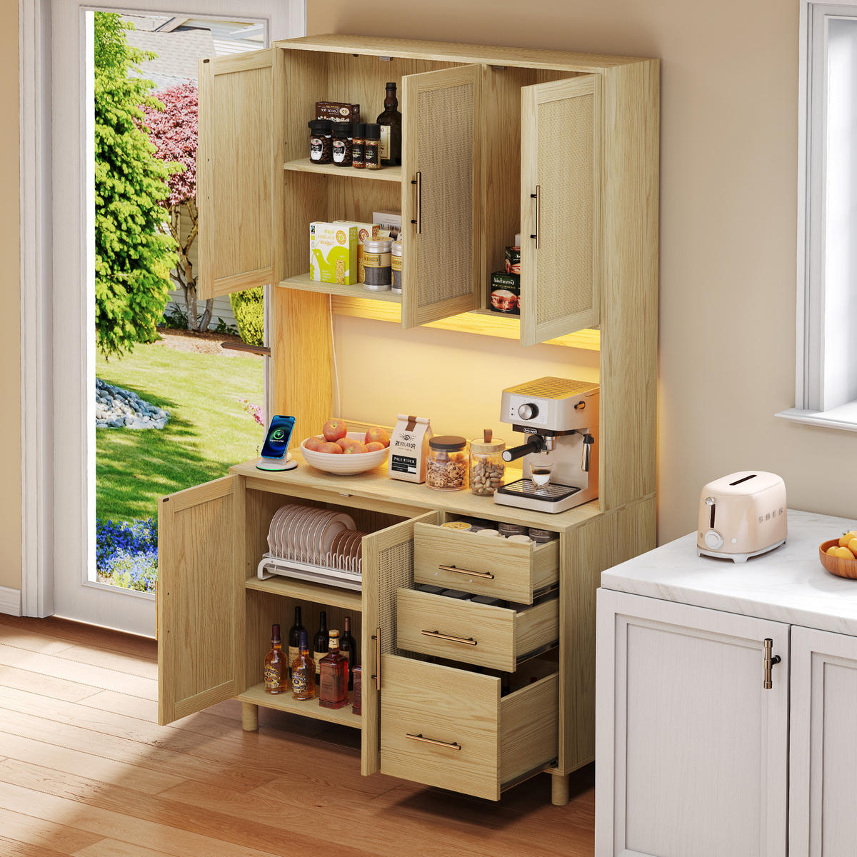 BUFFET 100/40/183 cm Natur aus MDF mit LED-Beleuchtung - Naturfarben, Holzwerkstoff (100/183/40cm) - OKWISH