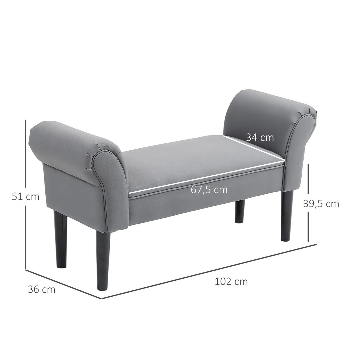 BETTBANK, Polsterbank, Sitzbank, Flurbank für Schlafzimmer, bis 130 kg Grau - Dunkelgrau, Kunststoff (36/51/102cm) - HOMCOM