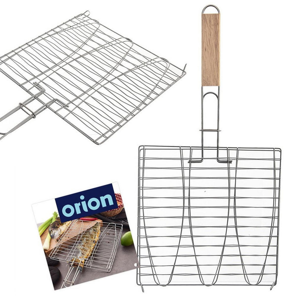 FISCHGRILLROST doppelseitig Holzgriff 55,5 cm Silberfarben - Silberfarben, Metall (28/4/55.5cm) - Orion 