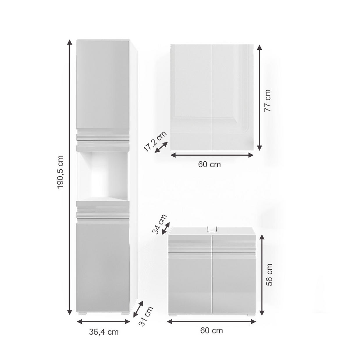 BADMÖBEL-SET Fredd Weiß Hochglanz 3 Teile, mit Hochschrank - Weiß Hochglanz, Holzwerkstoff (56/60/34cm) - Vicco