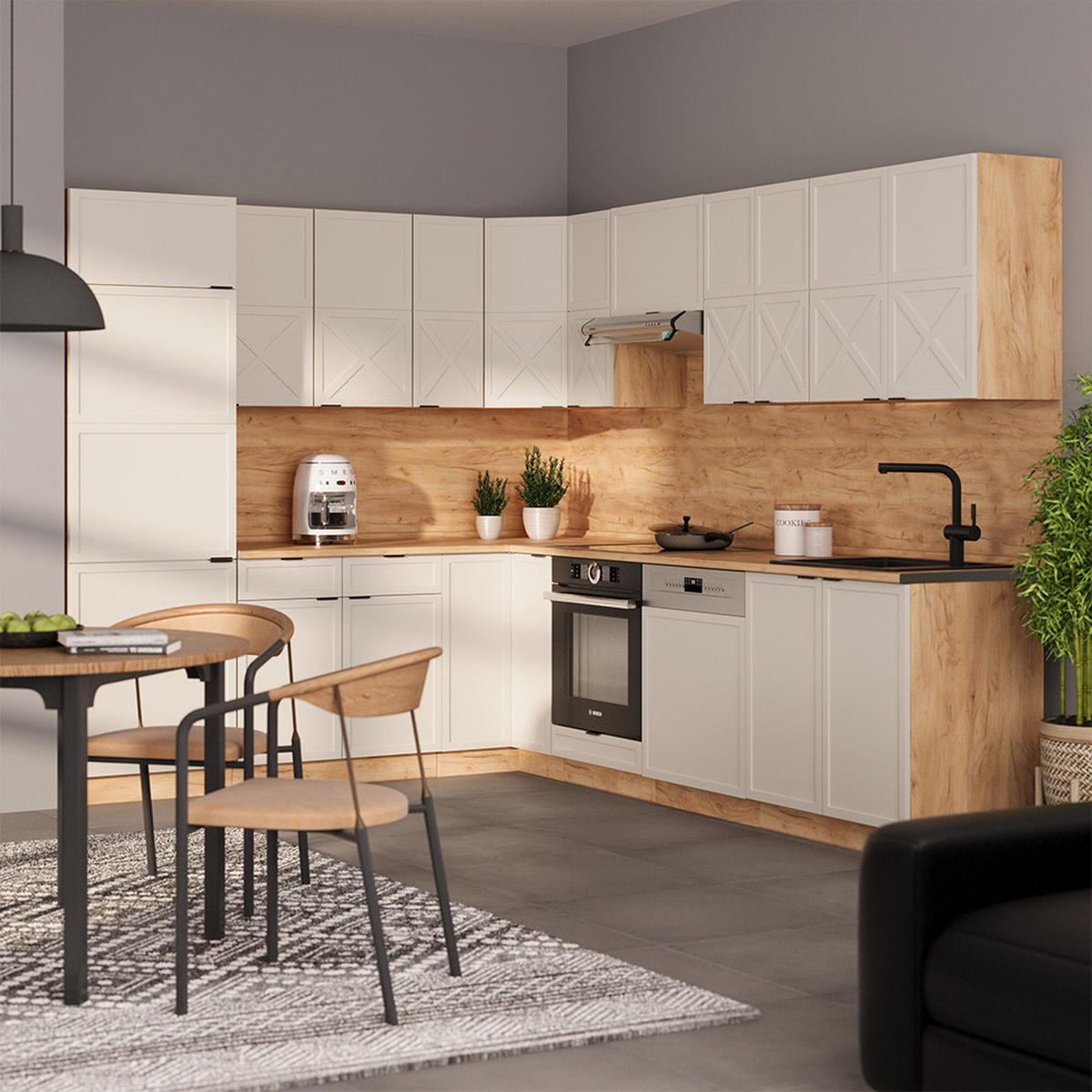 ECKKÜCHE Fame-Line GrauBeige/Goldkraft Eiche 227 x 60 cm ohne AP - Honigeiche/Grau, Holzwerkstoff (287/81.6/46cm) - Vicco