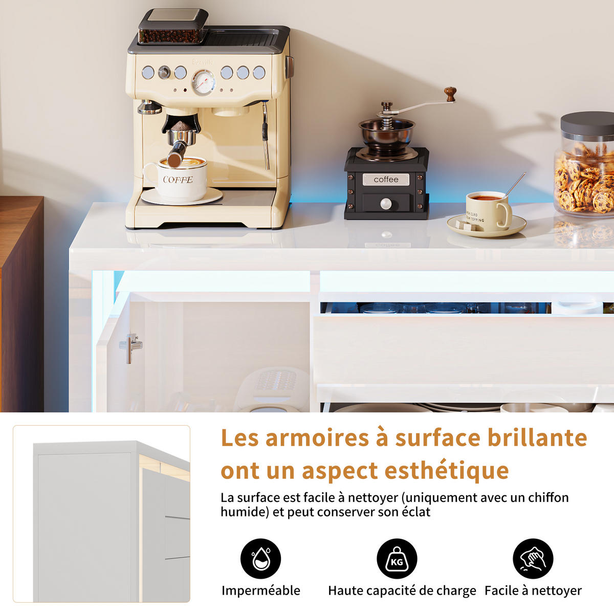 SIDEBOARD 160x35x75 cm 2 Schubladen 4 Türen LED weiß - Weiß, Holz (160/75/35cm) - LEBENLANG