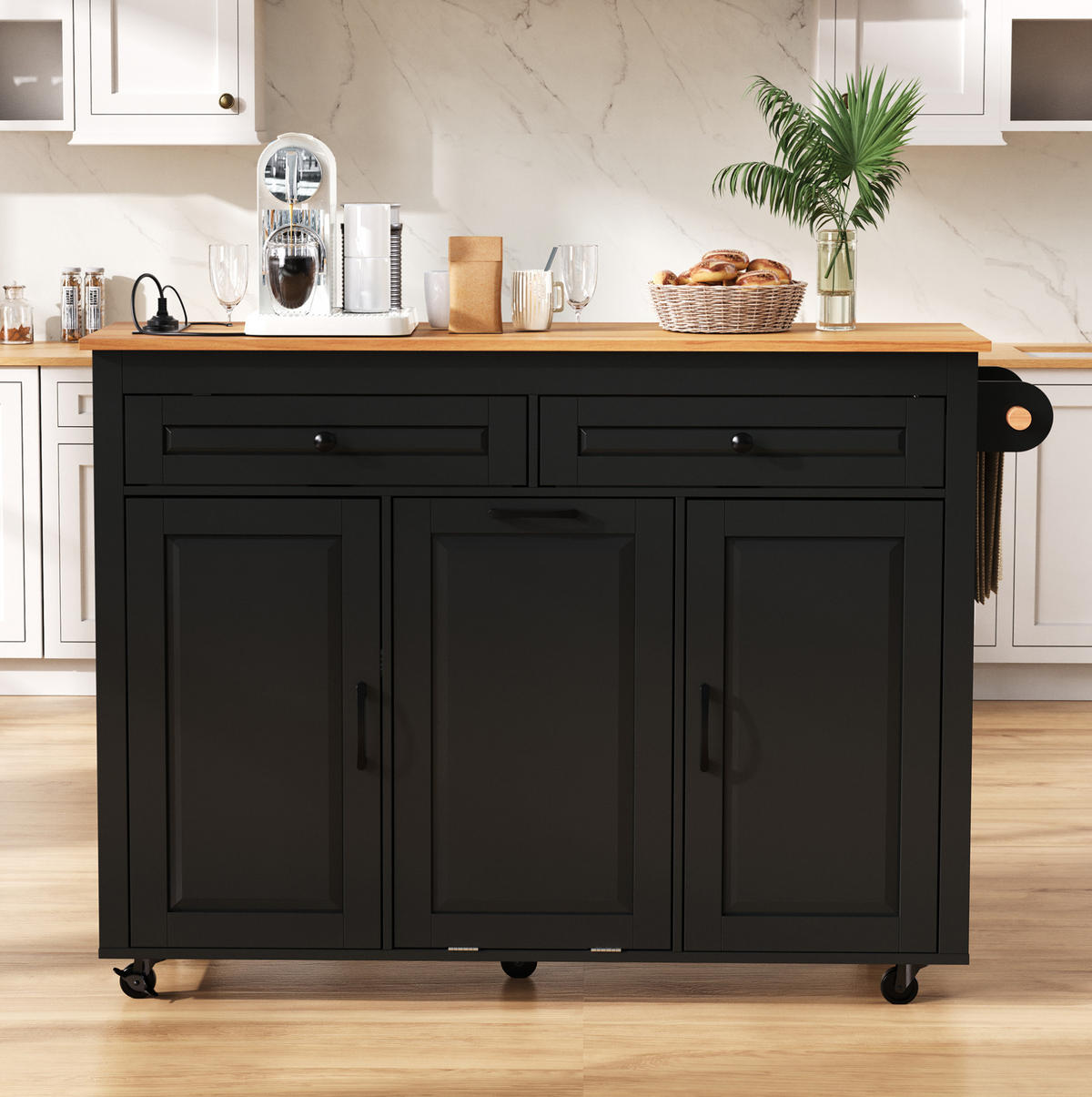 KÜCHENINSEL aus MDF 120/40-75/92 cm mit ausziehbarer Arbeitsplatte, Steckdosenleiste, Abfallfach und Rollen, Schwarz - Schwarz, Holzwerkstoff (120/92/75cm) - Redom