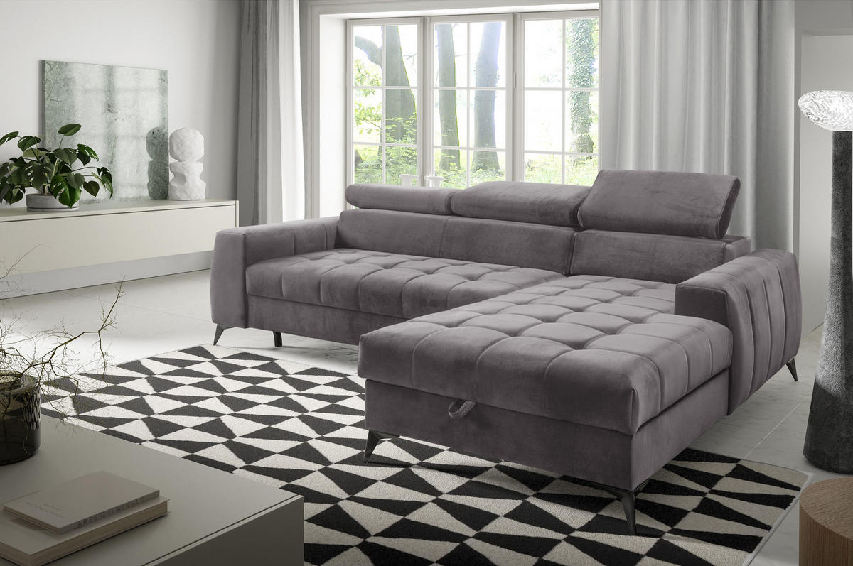 ECKSOFA L Form Arkucio Mini Grau 260/200/95 cm Rechts mit Schlaffunktion - Schwarz/Grau, Textil/Metall (260/200cm) - AX Living