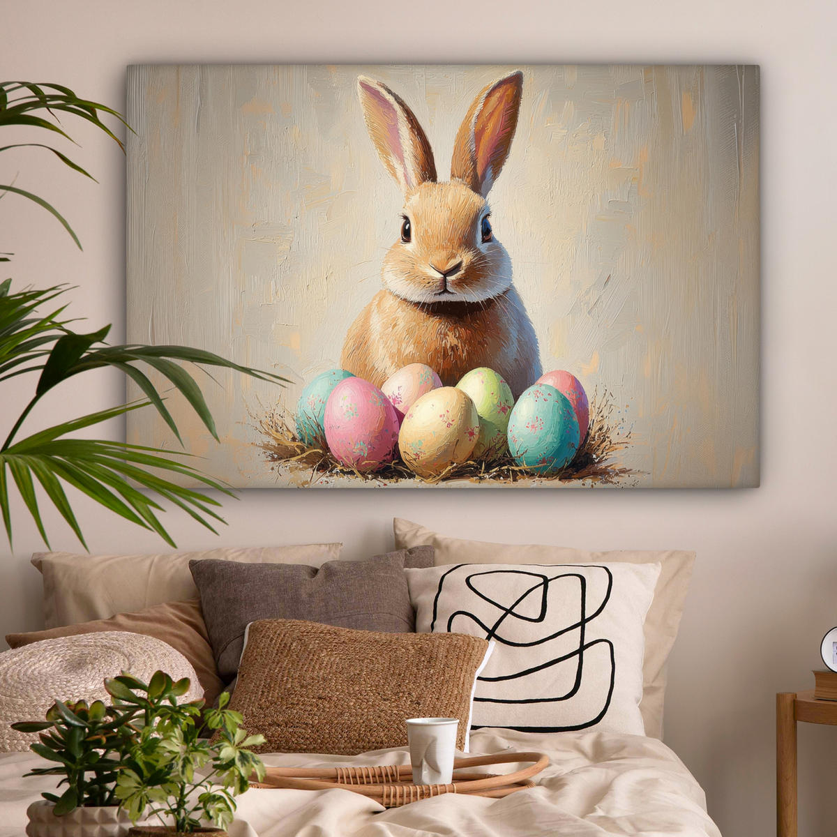 LEINWANDBILD Osterhase - Pastell - Eier Groß 140x90 cm - Beige, Textil (140/90cm) - MuchoWow