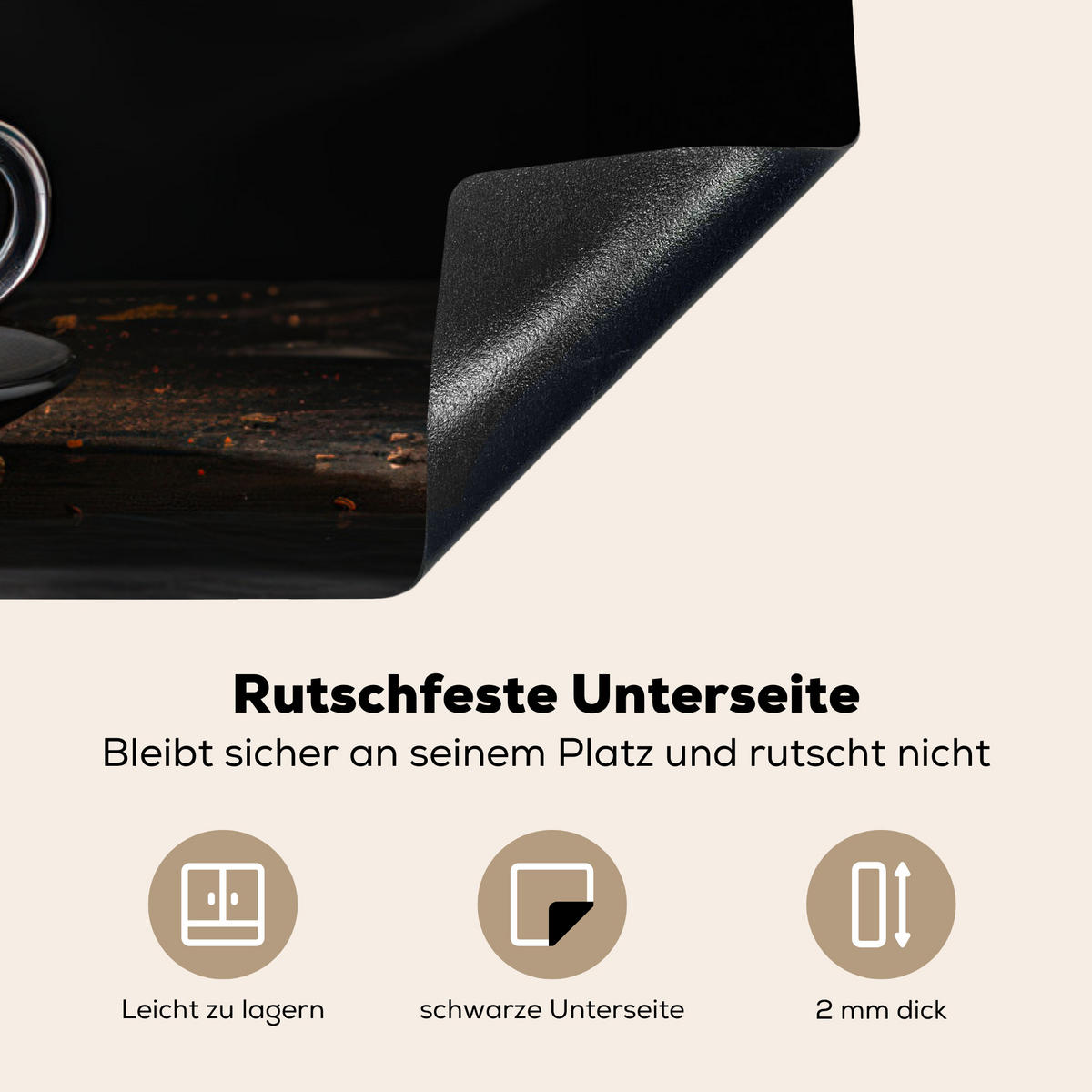 HERDABDECKPLATTE Kaffee - Schwarz - Bohnen - Heiß - Tasse Ceranfeldabdeckung 90x52 cm - Schwarz, Kunststoff (90/52/0.2cm) - MuchoWow