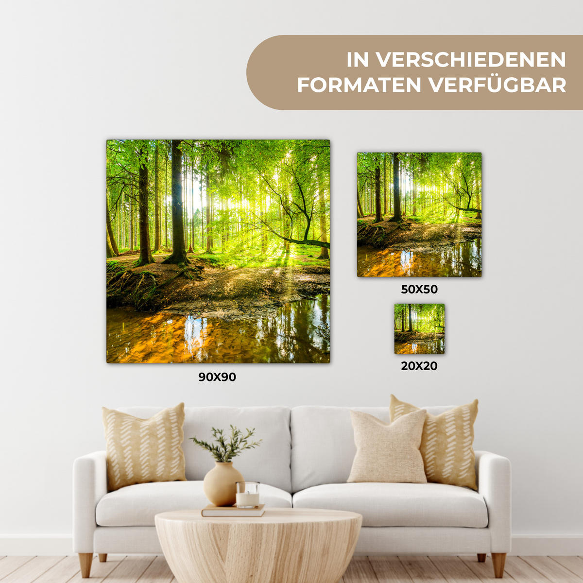 LEINWANDBILD Wald - Landschaft - Wasser - Bäume - Sonne - Grün - Natur 50x50 cm - Grün, Textil (50/50cm) - MuchoWow