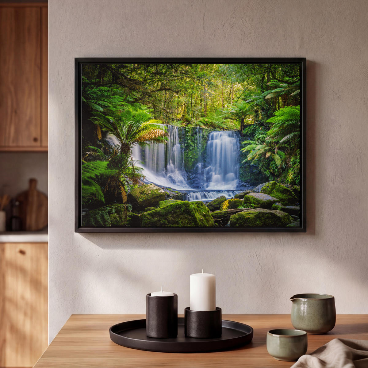 LEINWAND Bilder mit Rahmen - Dschungel - Wasserfall - Australien - Pflanzen - Natur - 40x30 - Dunkelgrün, Textil (40/30cm) - MuchoWow