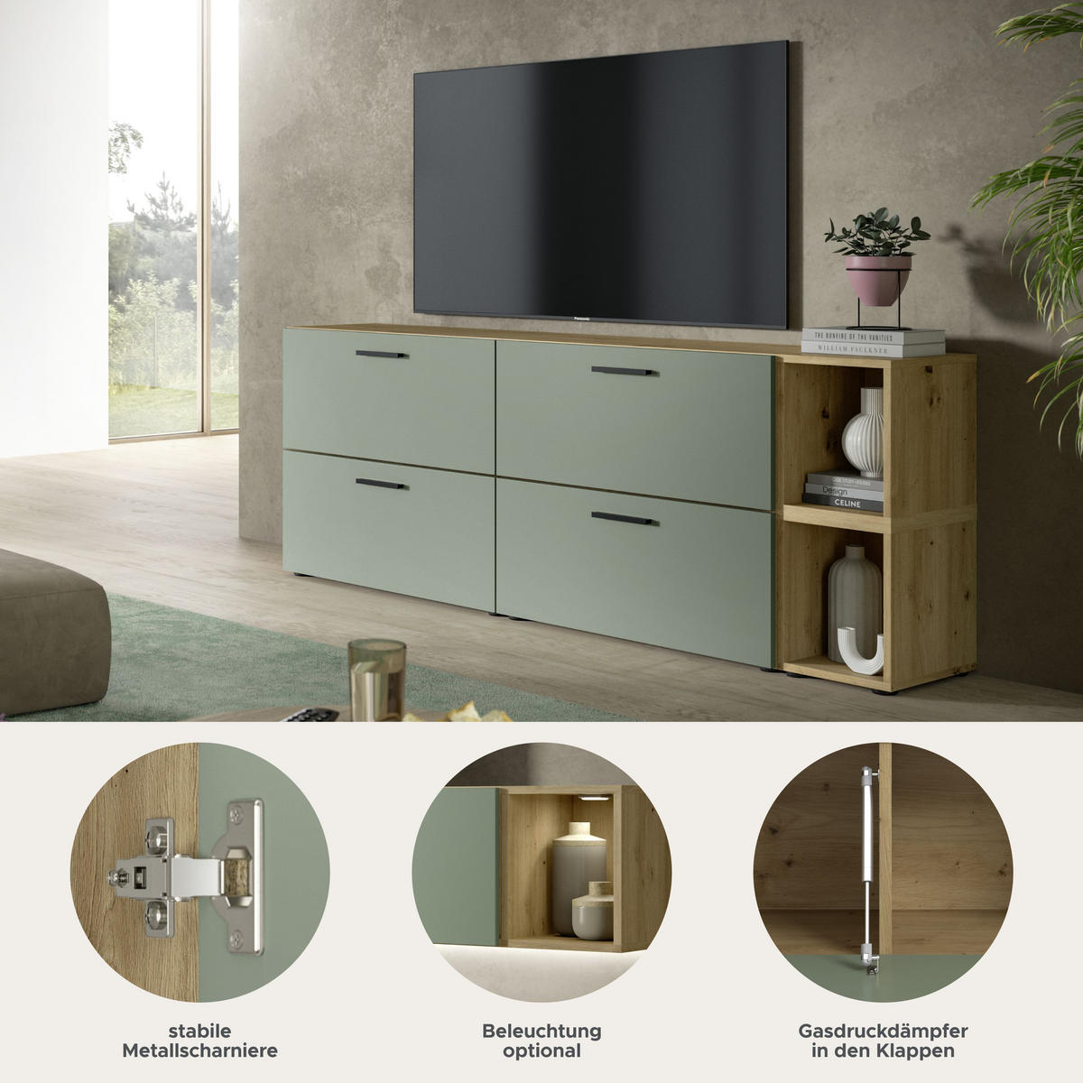 WOHNWAND The One Smoke Green 176/34/67 cm - Braun, Holzwerkstoff (176/67/34cm) - Xonox