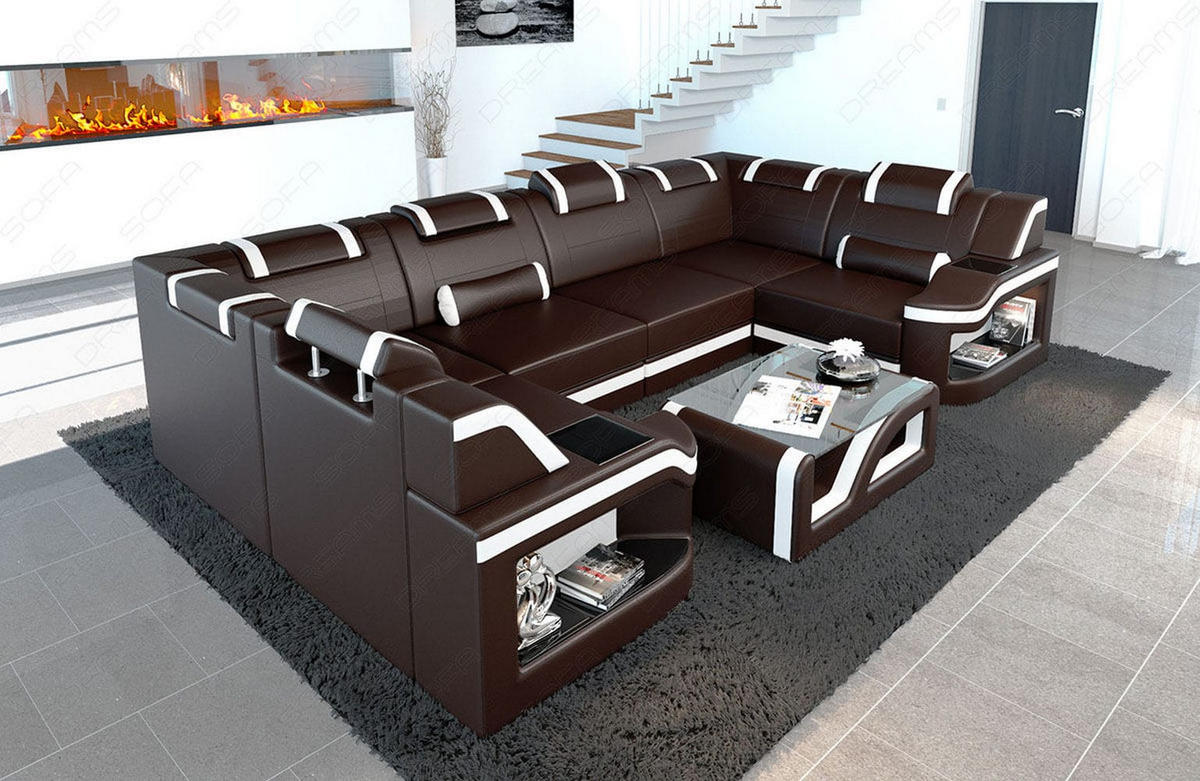 WOHNLANDSCHAFT Sofa Padua U Dunkelbraun Weiß Kunstleder - Dunkelbraun, Textil (308/80/185cm)