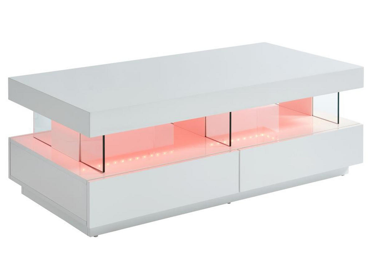 COUCHTISCH mit 2 Schubladen & 2 Ablagen + LEDs - MDF lackiert - Weiß - FABIO - Weiß, Holz (120/60/42cm) - Vente-Unique