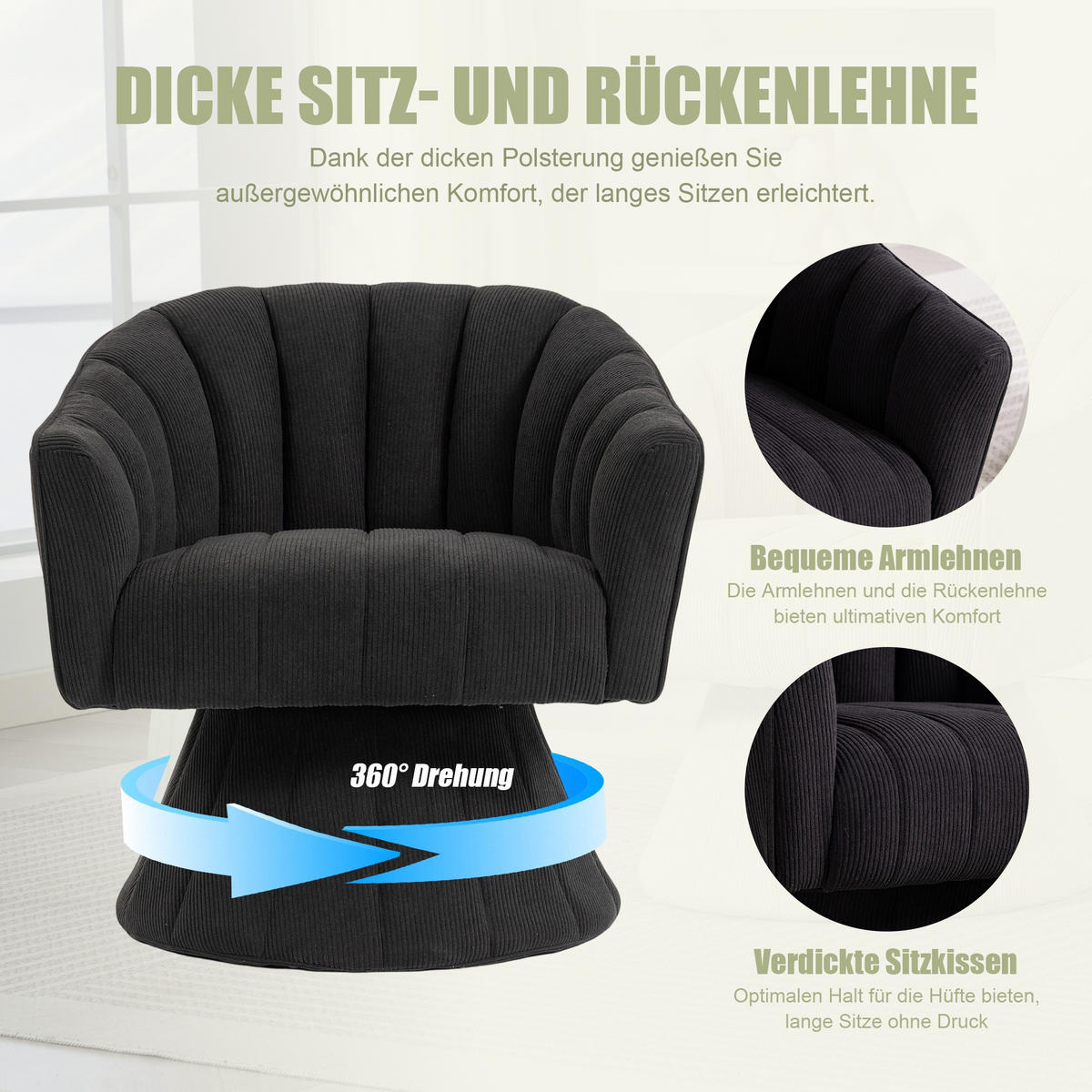 DREHSTUHL Drehsessel Loungesessel mit Polsterung,360°,Cord,Schwarz - Schwarz, Textil (70/72/66cm) - LVHOM