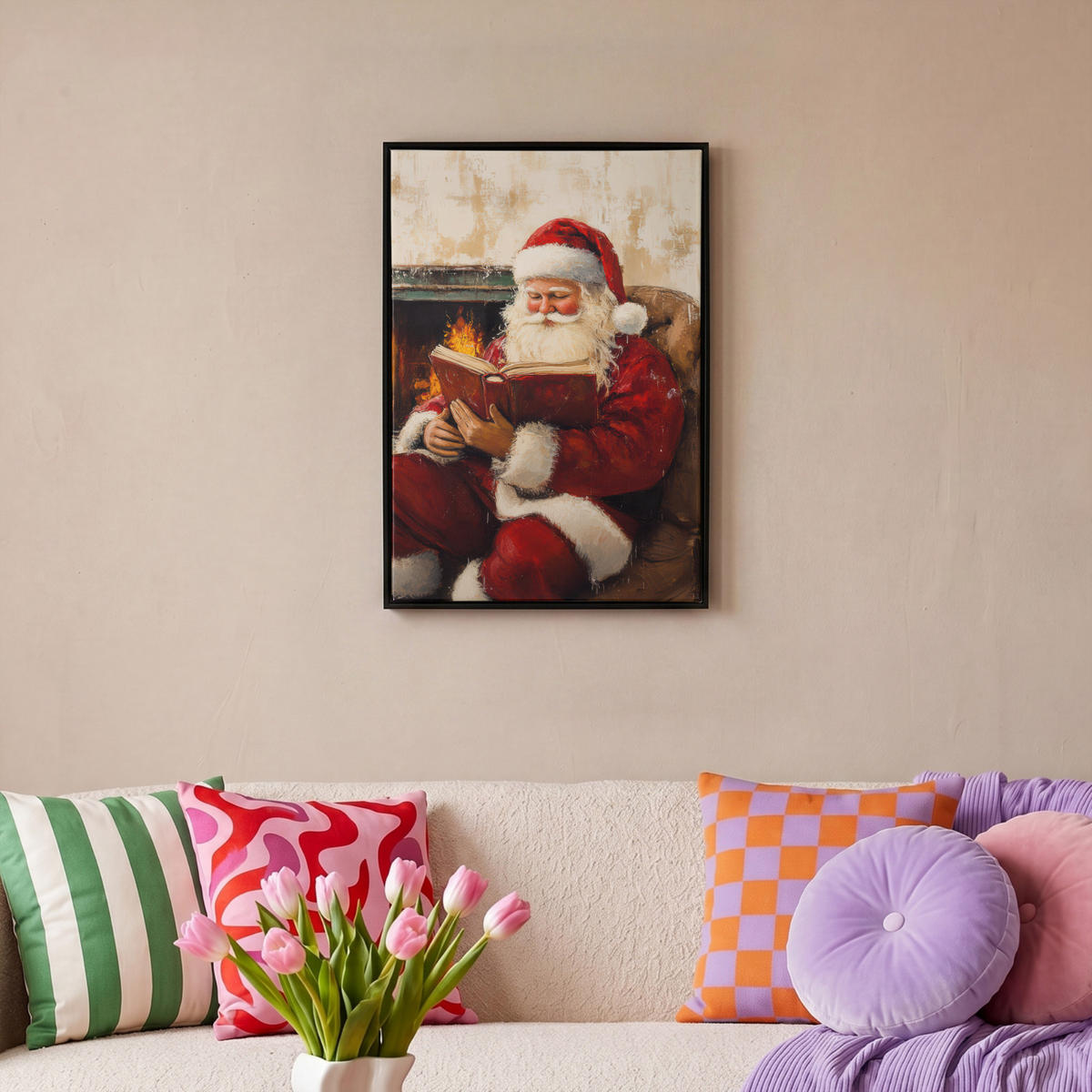 LEINWAND Bilder mit Rahmen - Weihnachten - Weihnachtsmann - Winter - Open Fireside - 40x60 - Dunkelrot, Textil (40/60cm) - MuchoWow