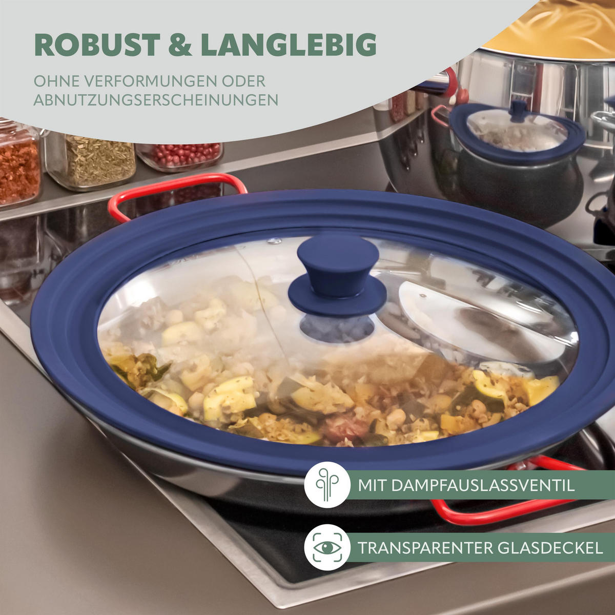 UNIVERSAL-GLASDECKEL, 30/32/34 cm, blau groß - Blau, Glas (34/34/6cm) - bremermann