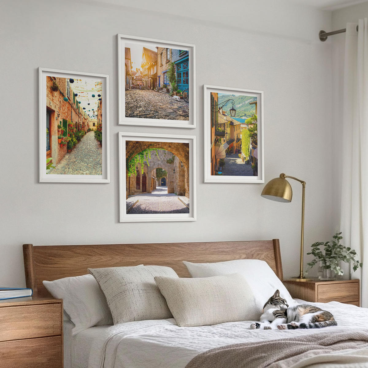 BILDER SET 4er Set - 50x50 cm & 40x60 cm Weißer Rahmen - Charmante Straßen mit Steinen - Weiß, Kunststoff (50/50cm) - TULUP