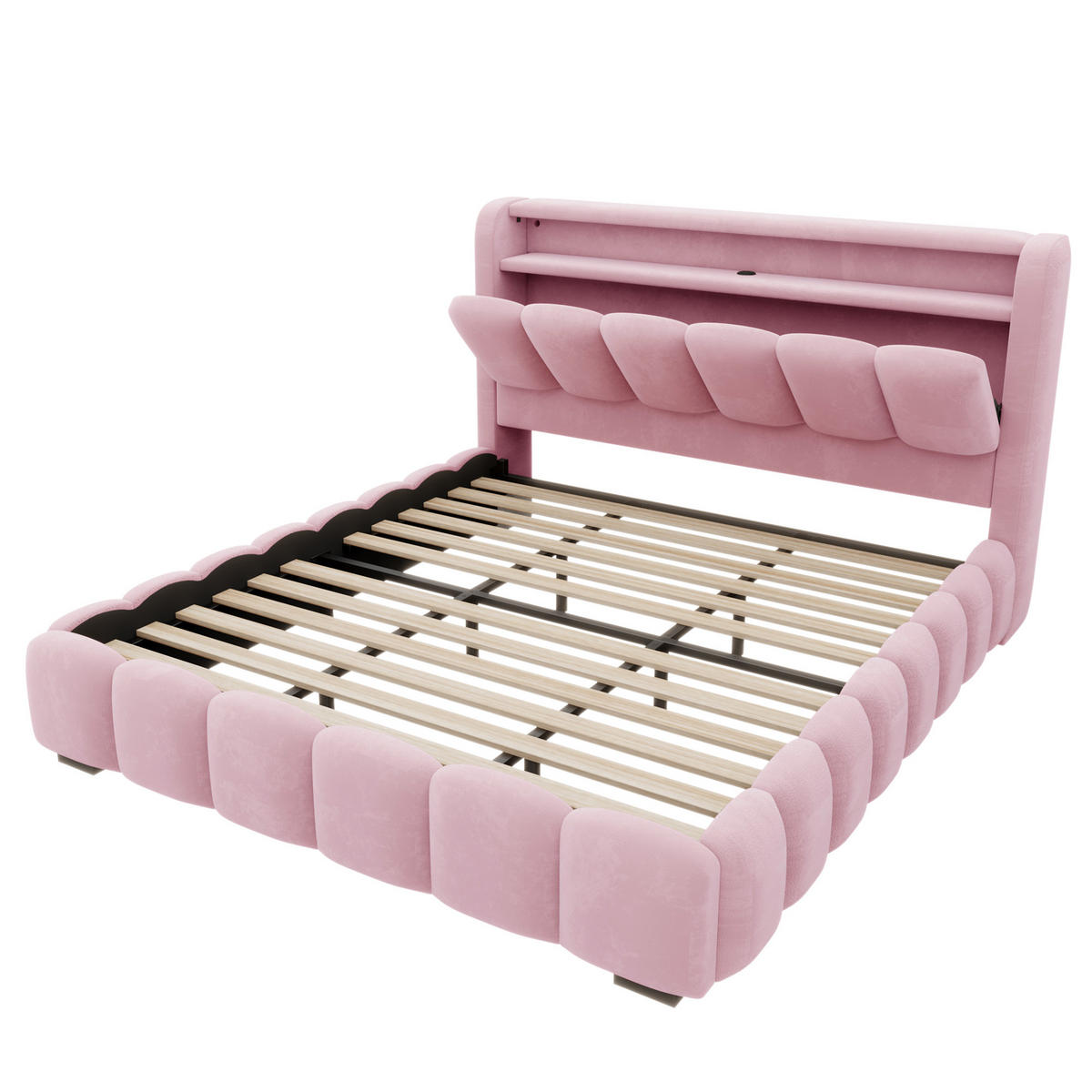 POLSTERBETT 180/200 mit LED/USB, Kopfteil Stauraum, Samt, Rosa - Rosa, Holz (180/200cm) - LVHOM