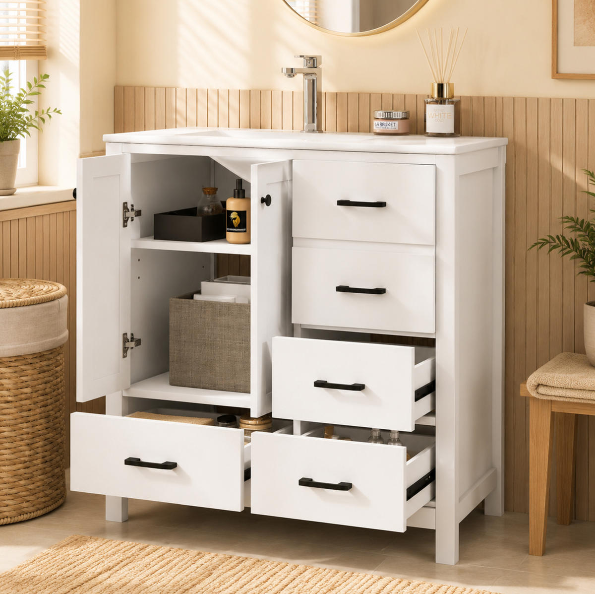 FREISTEHENDER Badezimmerschrank aus MDF und Keramik 76x46x82 cm Weiß mit Waschbecken und Stauraum - Weiß, Keramik (76/82/46cm) - Modfu