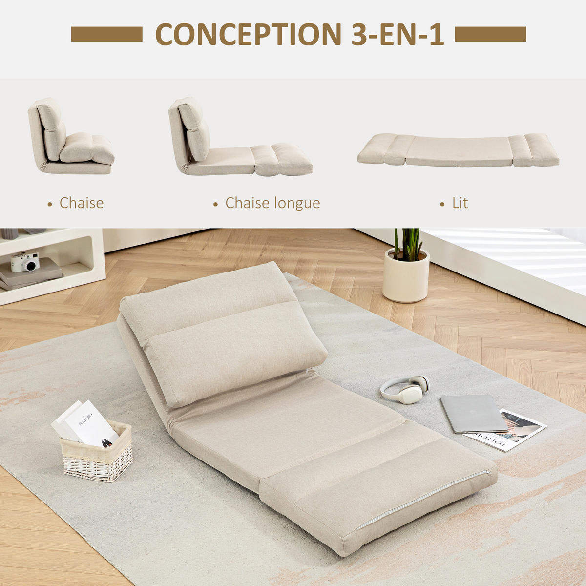 SCHLAFSESSEL DE-13427 5-fach verstellbare Rückenlehne Beige - Beige, Textil (72/56/70cm) - ComfortXL