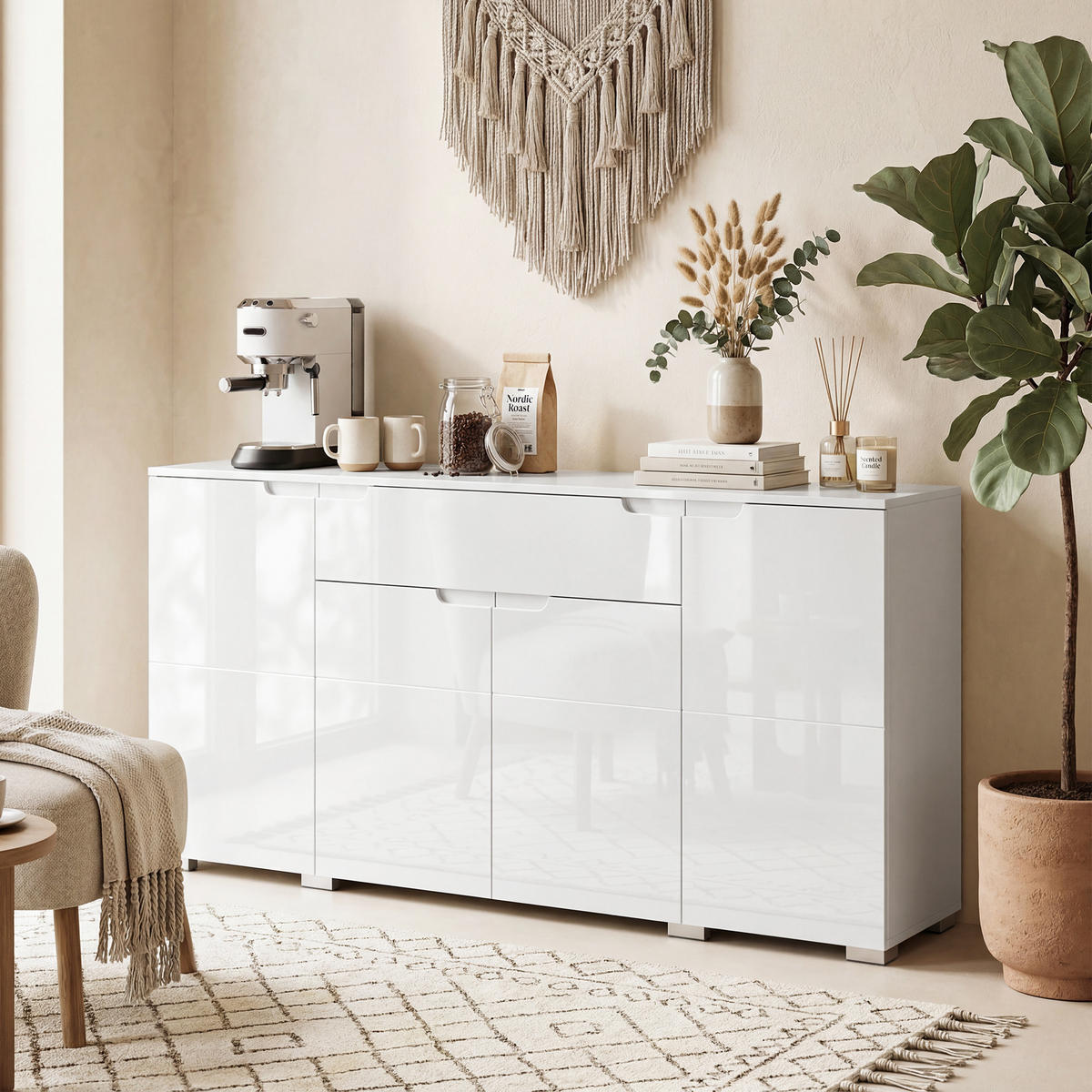SIDEBOARD Weiß Hochglanz, 4 Türen, 180/40/80 cm - Weiß Hochglanz, Holz (180/80/40cm) - PANGIVO