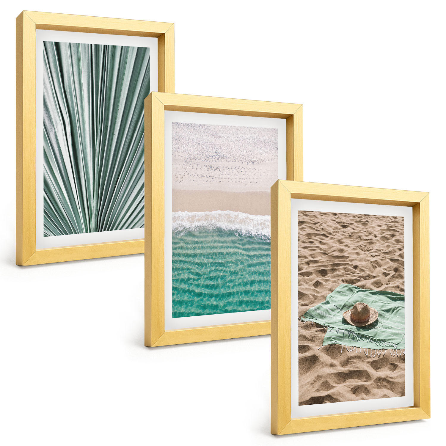 BILDER SET 3er Set - 20x30 cm Goldrahmen - Urlaubsblick Strand Meer - Goldfarben, Kunststoff (20/30cm) - TULUP