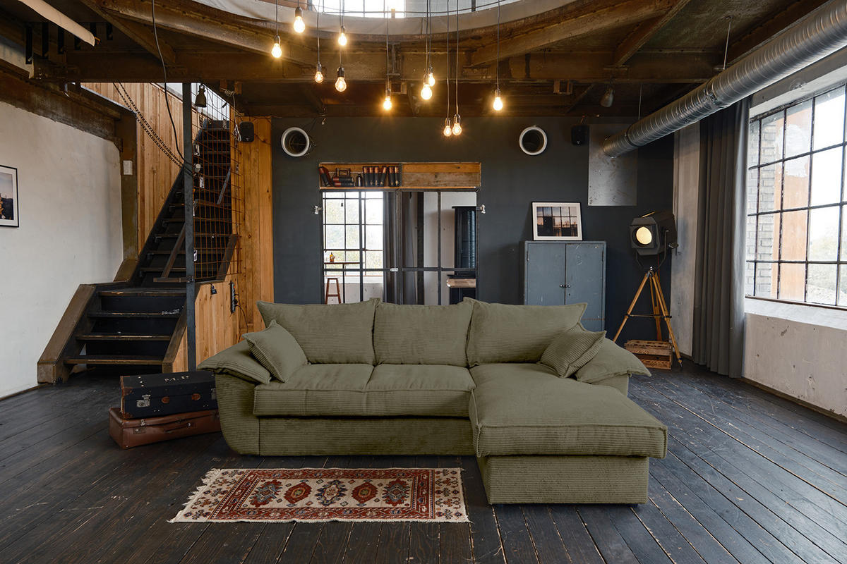 ECKSOFA DAMETO Grün Cord - Schwarz/Olivgrün, Kunststoff/Textil (266/174cm) - KAWOLA