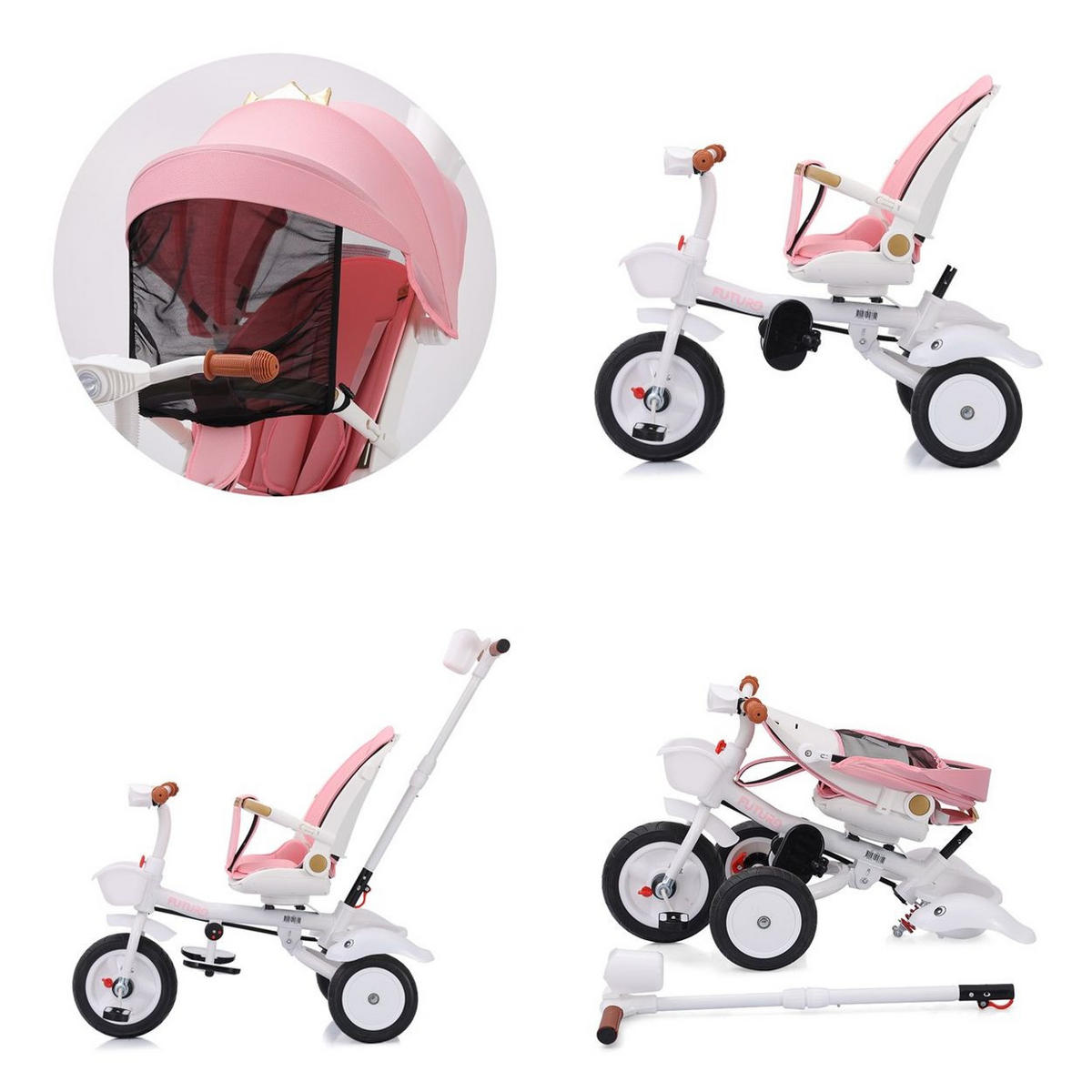 DREIRAD Futuro 2 in 1 faltbar rosa Becherhalter, Musik, Licht, Gummiräder - Rosa, Metall (90/50/95cm) - Chipolino