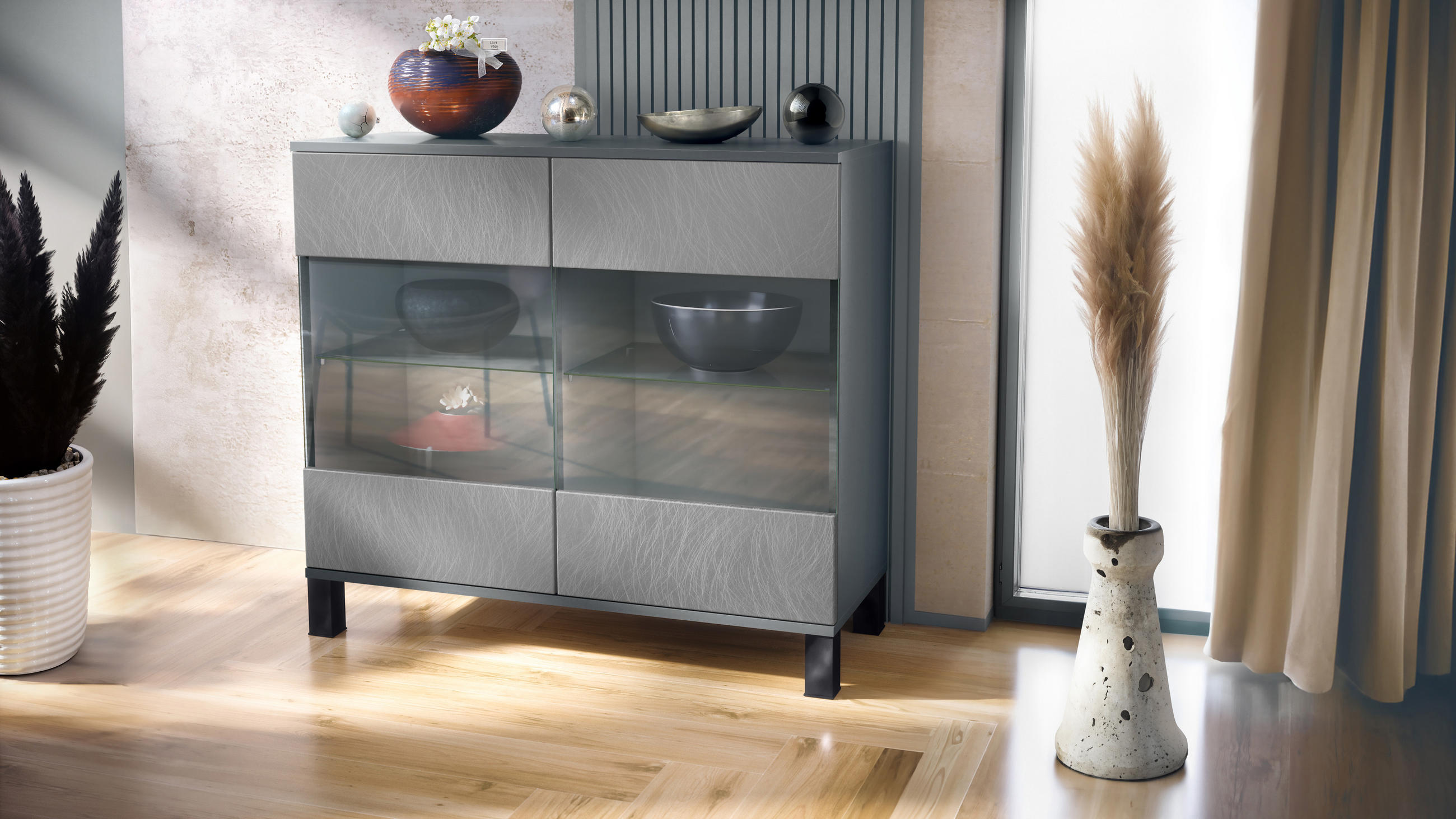 KOMMODE Bari Scratchy Metal - Silberfarben, Holzwerkstoff (92.5/84.5/35cm) - Vladon