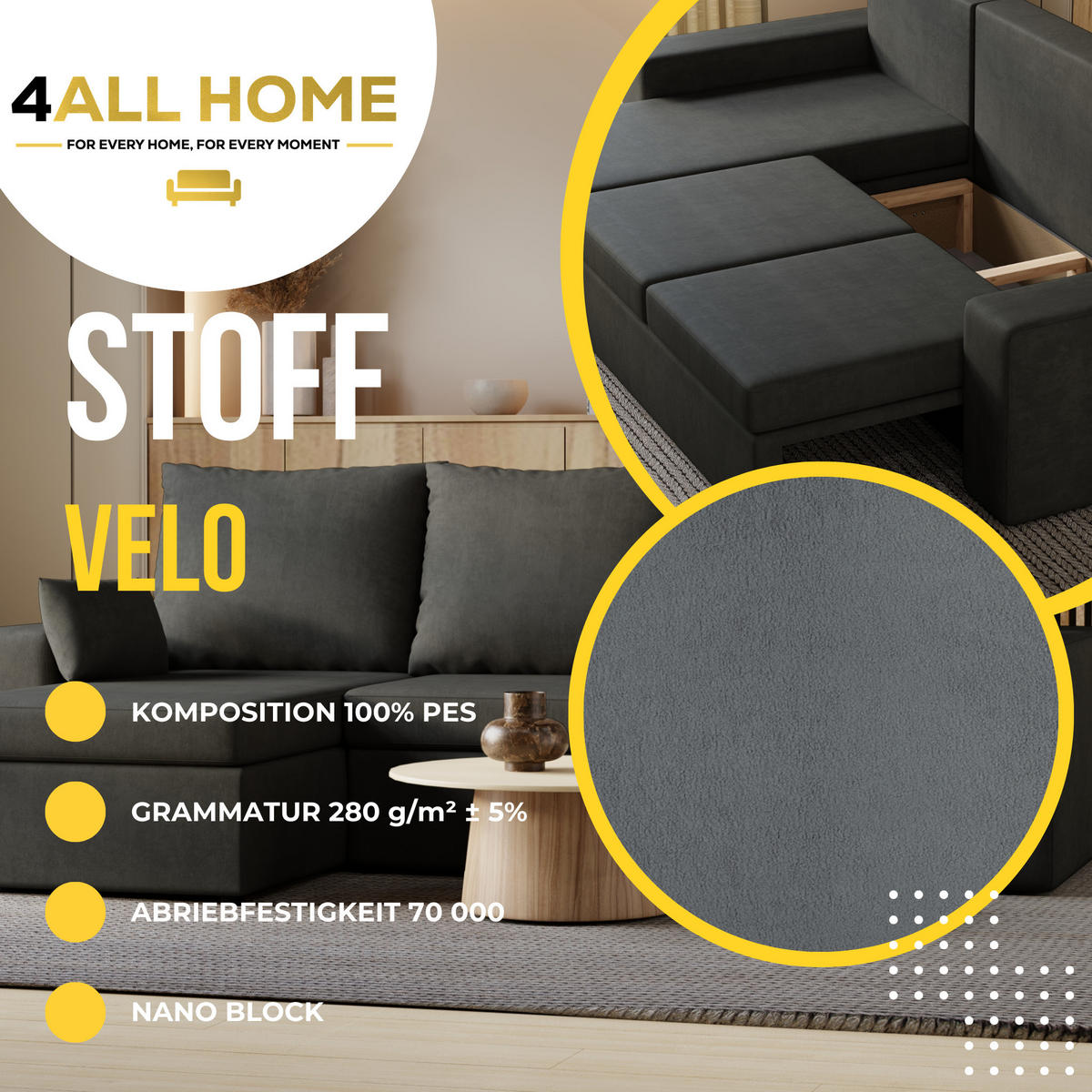ECKSOFA Paco mit Bettkasten und Schlaffunktion, L-Form/XL-Form, Velourstoff, Universal - Graphitfarben, Holzwerkstoff (246/145cm) - 4ALL HOME