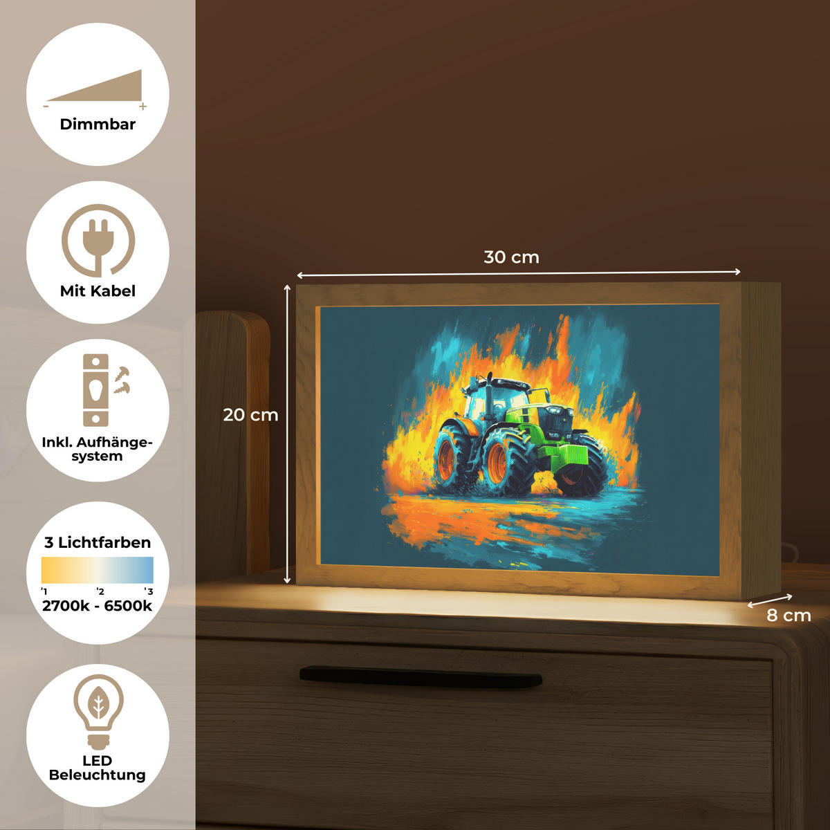 NÁSTĚNNÁ LAMPA Abstrakt - Traktor - Zelený 30x20 cm - tmavě modrá, kompozitní dřevo (30/20/8cm) - OnlyWow