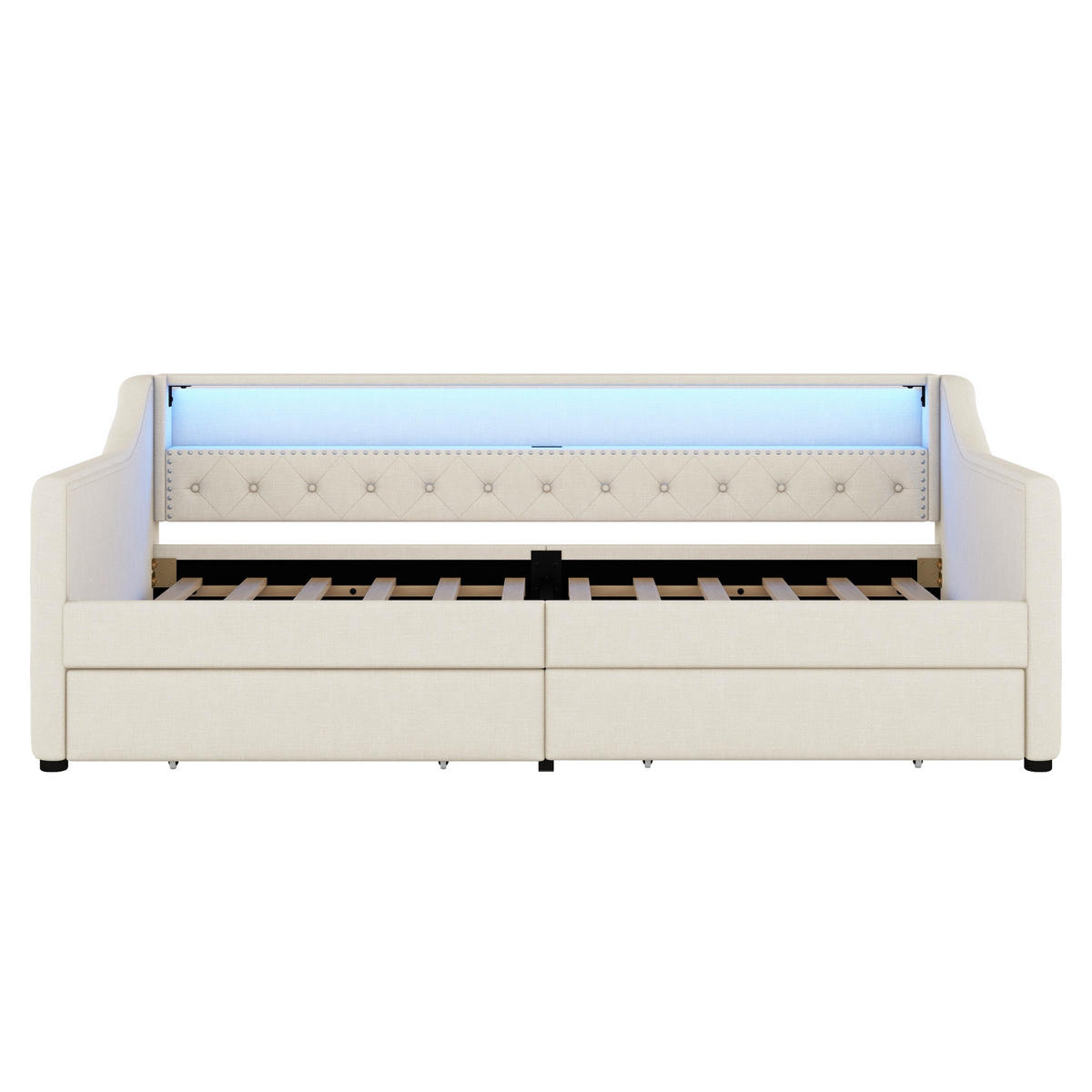 POLSTERBETT 90/200 cm beige mit Lattenrost und Ambientelicht - Beige, Textil (90/200cm) - OKWISH