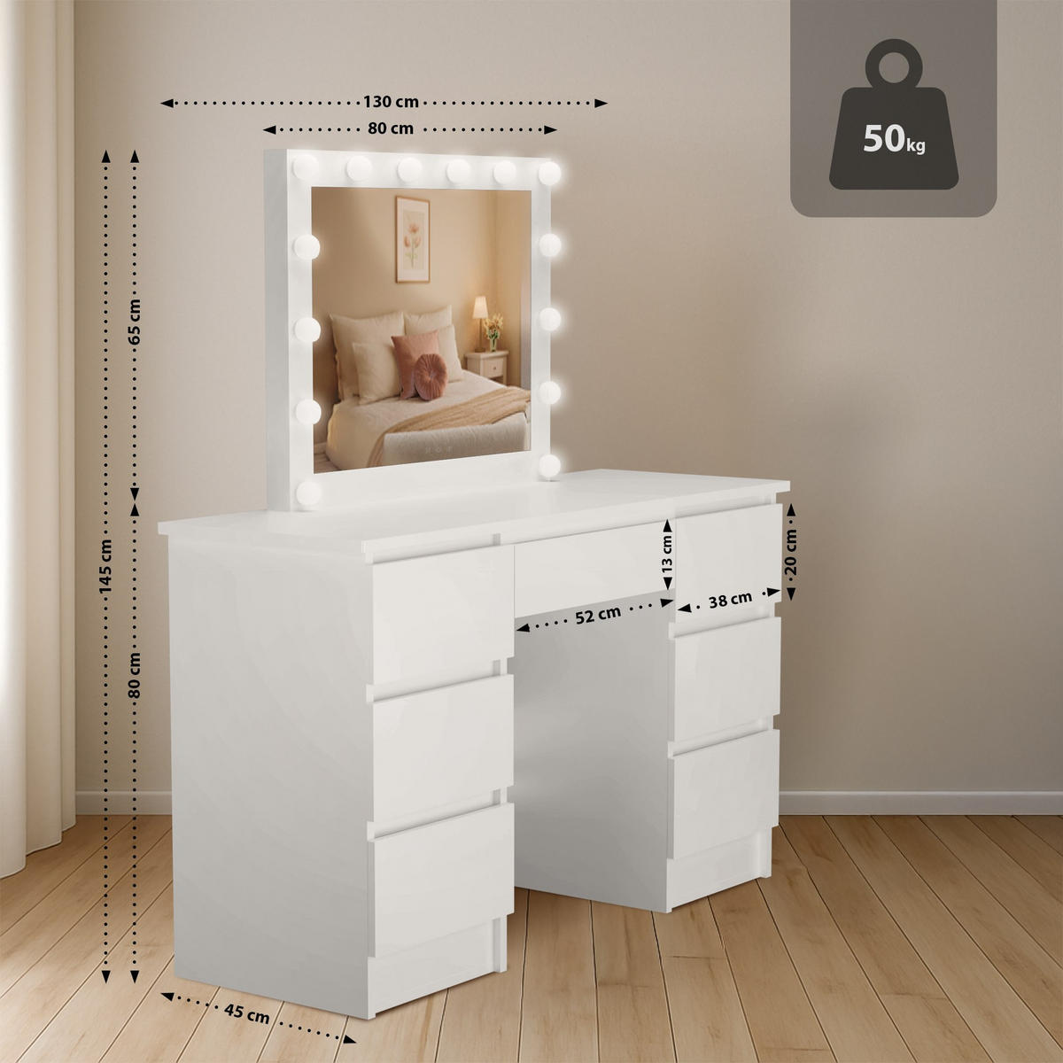 SCHMINKTISCH eckig 130/45/145 cm Holz Weiß - Weiß, Holz (130/145/45cm) - CLP