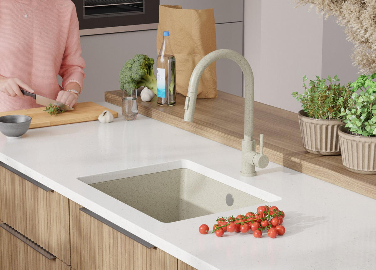 UNTERBAUSPÜLE GRANIT Venedig Easy, 2-er set Beige 56/44 cm 1 Becken + Küchenarmatur 38/14 cm + Ablauf-Set ab 60er Unterschrank - Beige, Kunststoff (56/20/44cm) - Primagran