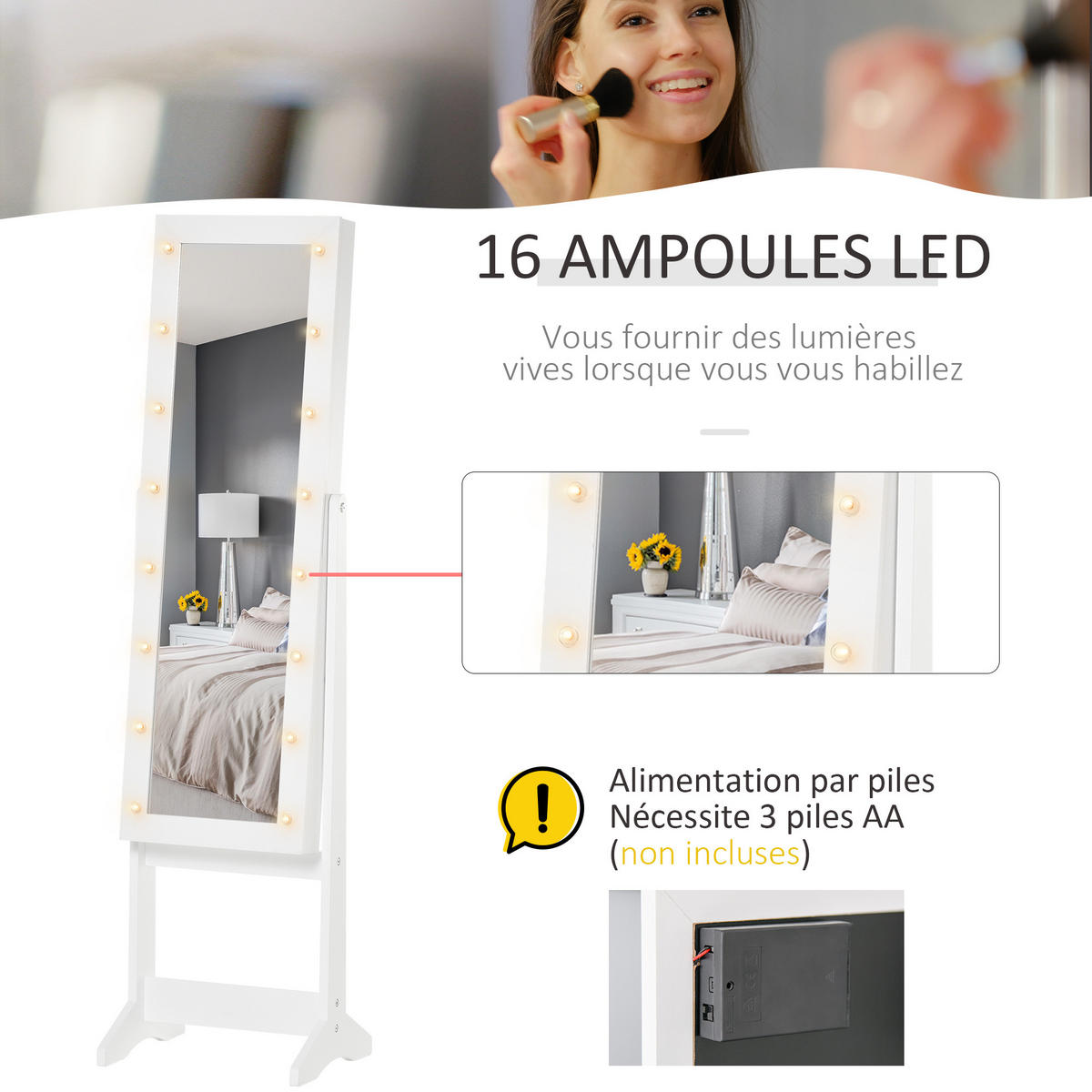 STANDSPIEGEL DE-18884 16 LEDs Weiß - Weiß, Holzwerkstoff (36/136/30cm) - ComfortXL